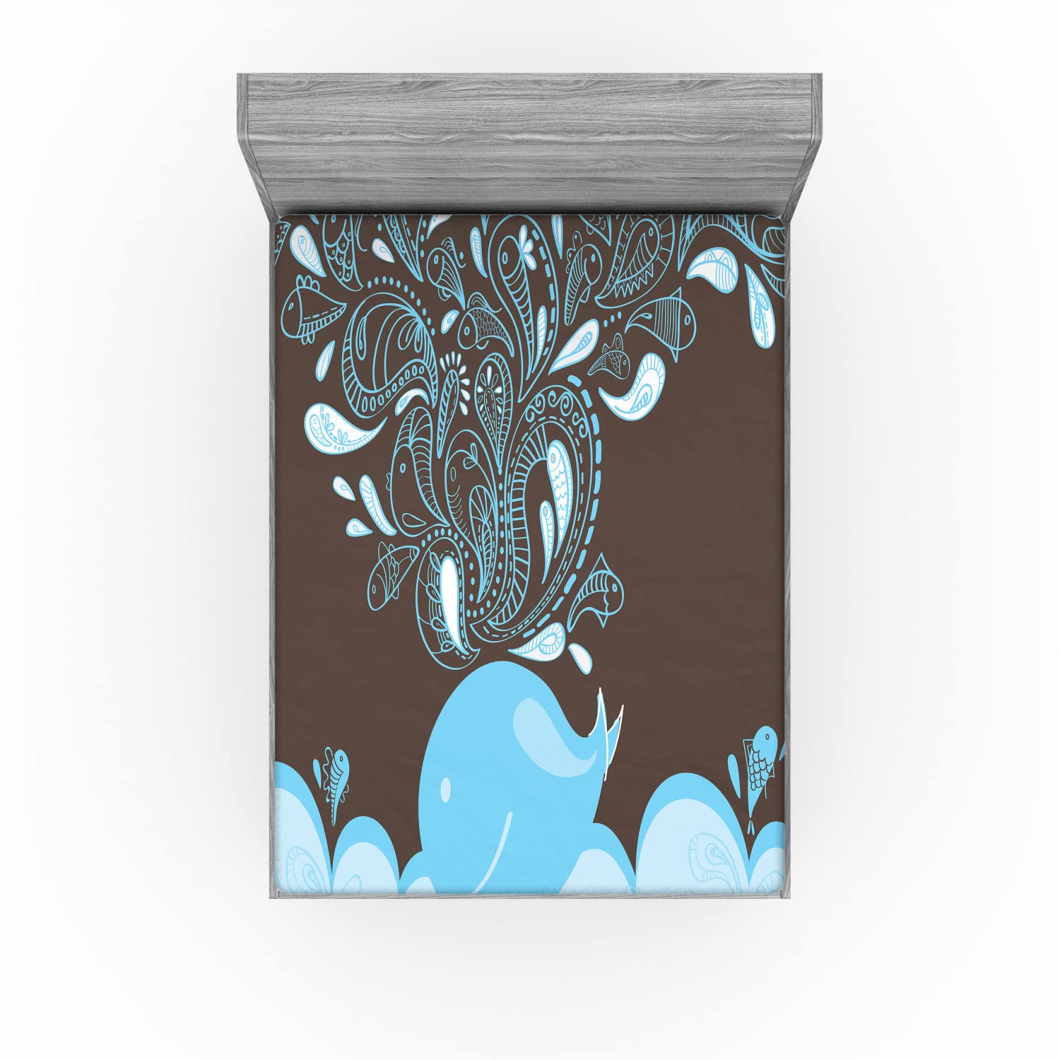 Ambesonne Whale Fitted Sheet - Ocean Bubbles Cartoon Batik Tribal Style Queen Size Bed Cover with Deep Pocket | Blue & Brown Whale Print All-Round Elastic Sheet for Comfortable Sleep | Perfect for Kids' Rooms, Beach Themed Bedrooms & Marine Life Decor