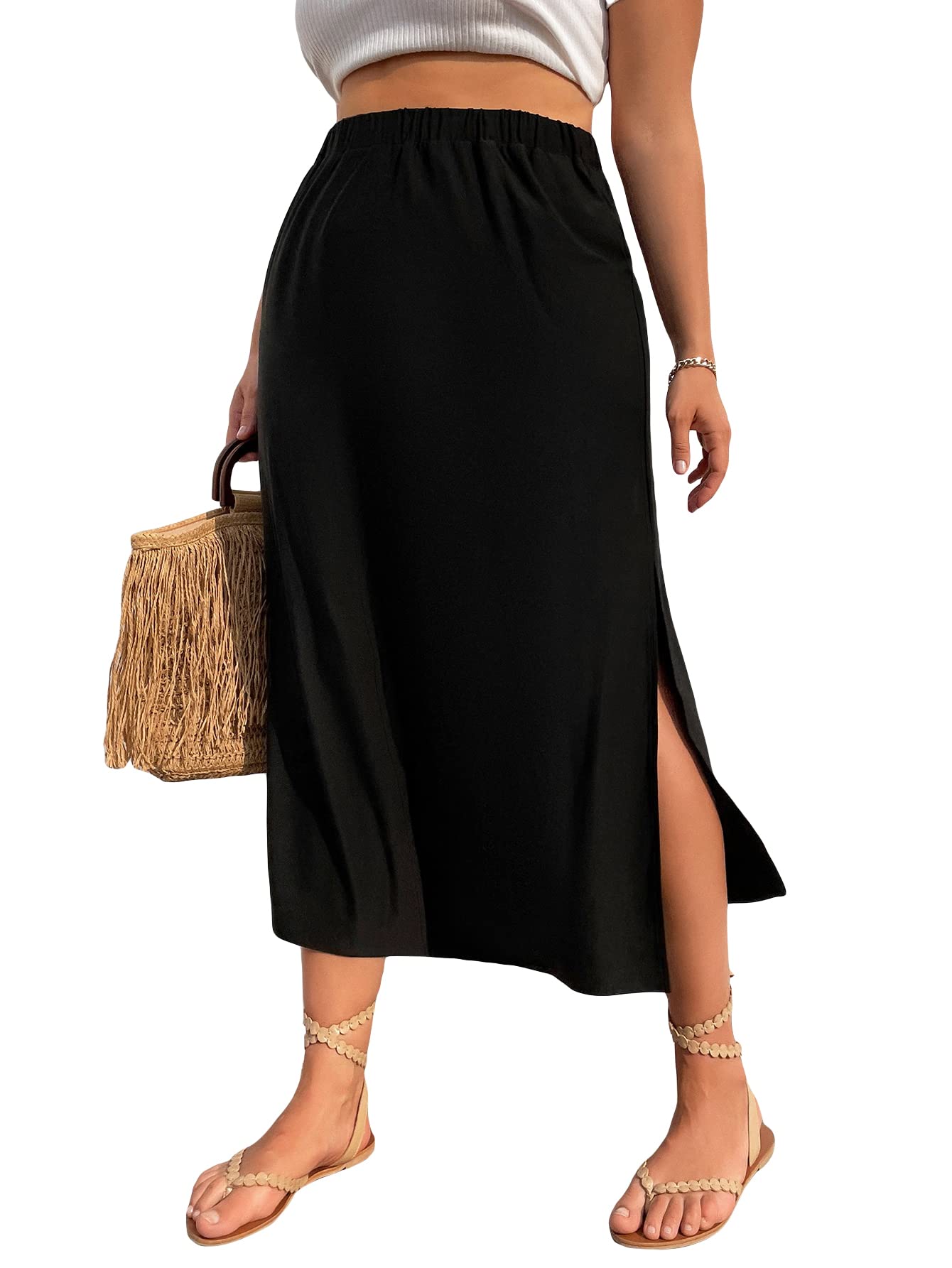 WDIRARA Women's Plus Size Stretchy High Waist Slit Thigh Skirt - Casual Flowy Midi Skirt for Summer, Date Night & Office Wear