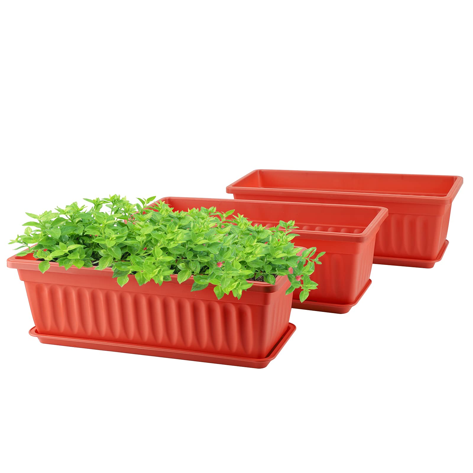 GREANER 3-Pack 16.9x7.48 Inch Plastic Flower Pots with Drainage Trays - Long Windowsill Planters for Vegetables, Herbs & Succulents | Outdoor/Indoor Use for Garden, Balcony, Patio & Home Decor (Red)