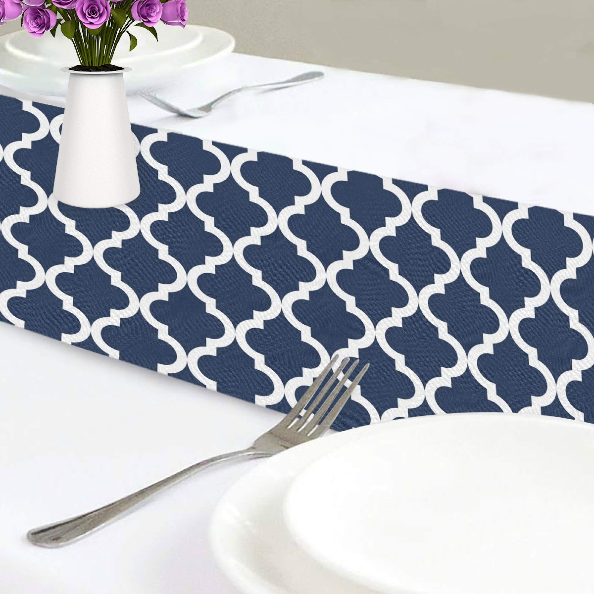 Navy Blue Geometric Lattice Table Runner - 70 Inch Elegant Baroque Dining & Coffee Table Decor for Wedding, Farmhouse, Kitchen | Perfect for Holiday Entertaining & Home Styling