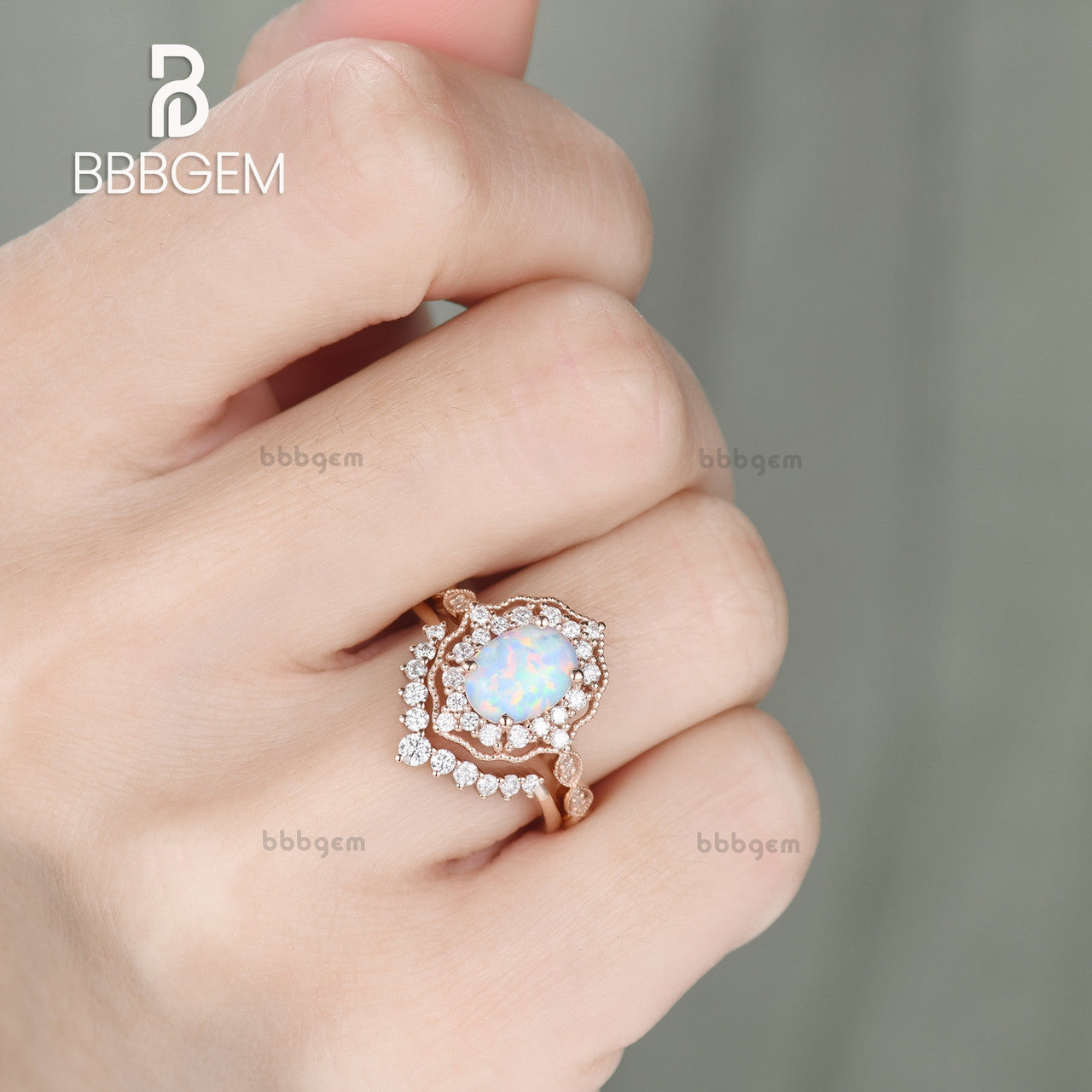 Vintage Opal Ring Set 14k Rose Gold Engagement Wedding Ring Stacking Half Eternity Diamond Matching Band for Women - Perfect for Bridal Jewelry, Anniversary Gifts & Special Occasions