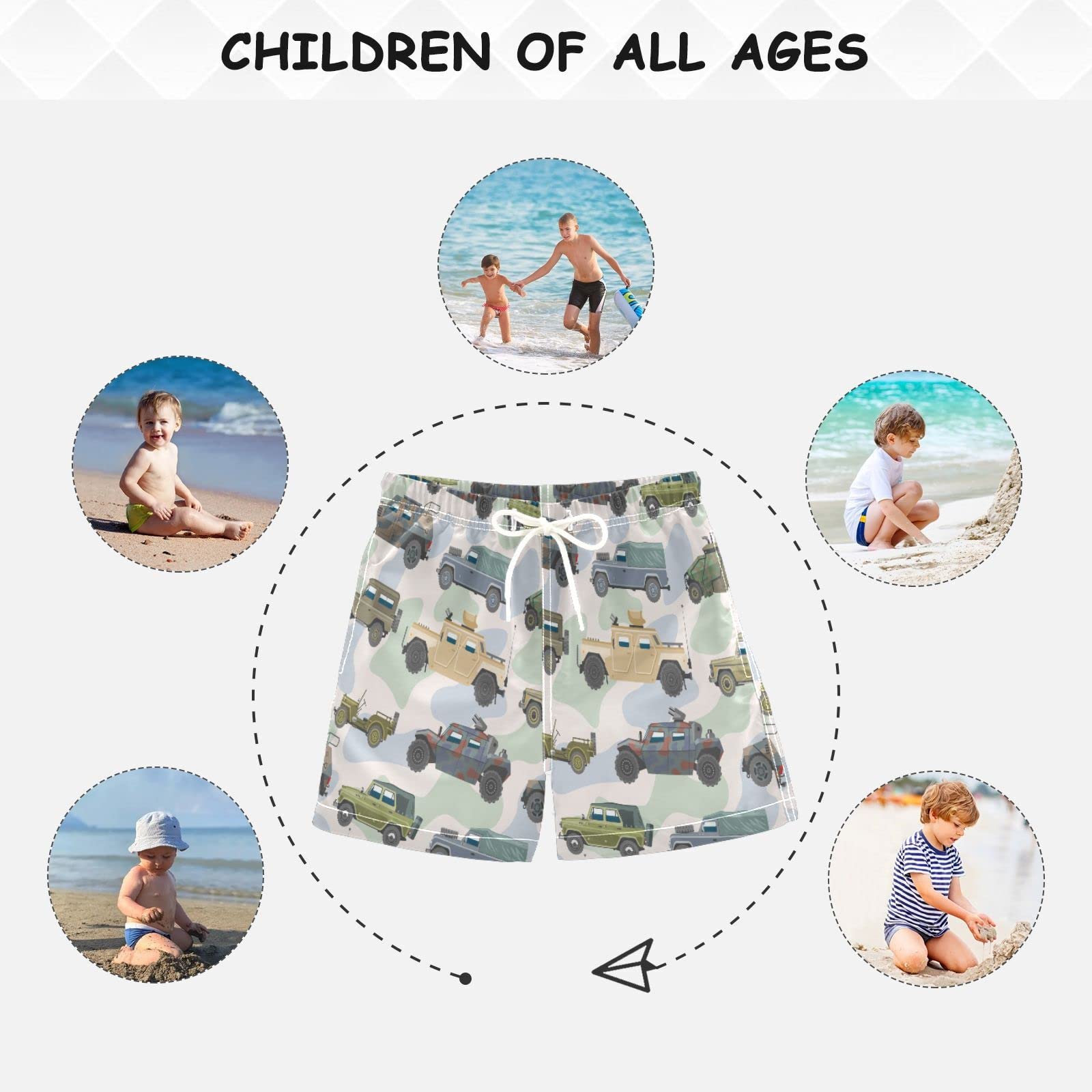 Boccsty Boys Swim Trunks - Tractor Yellow Truck Print Toddler Swimwear for Summer Beach & Pool - Quick Dry Board Shorts 2T to XL - Perfect for Swimming, Splash Pad & Water Play
