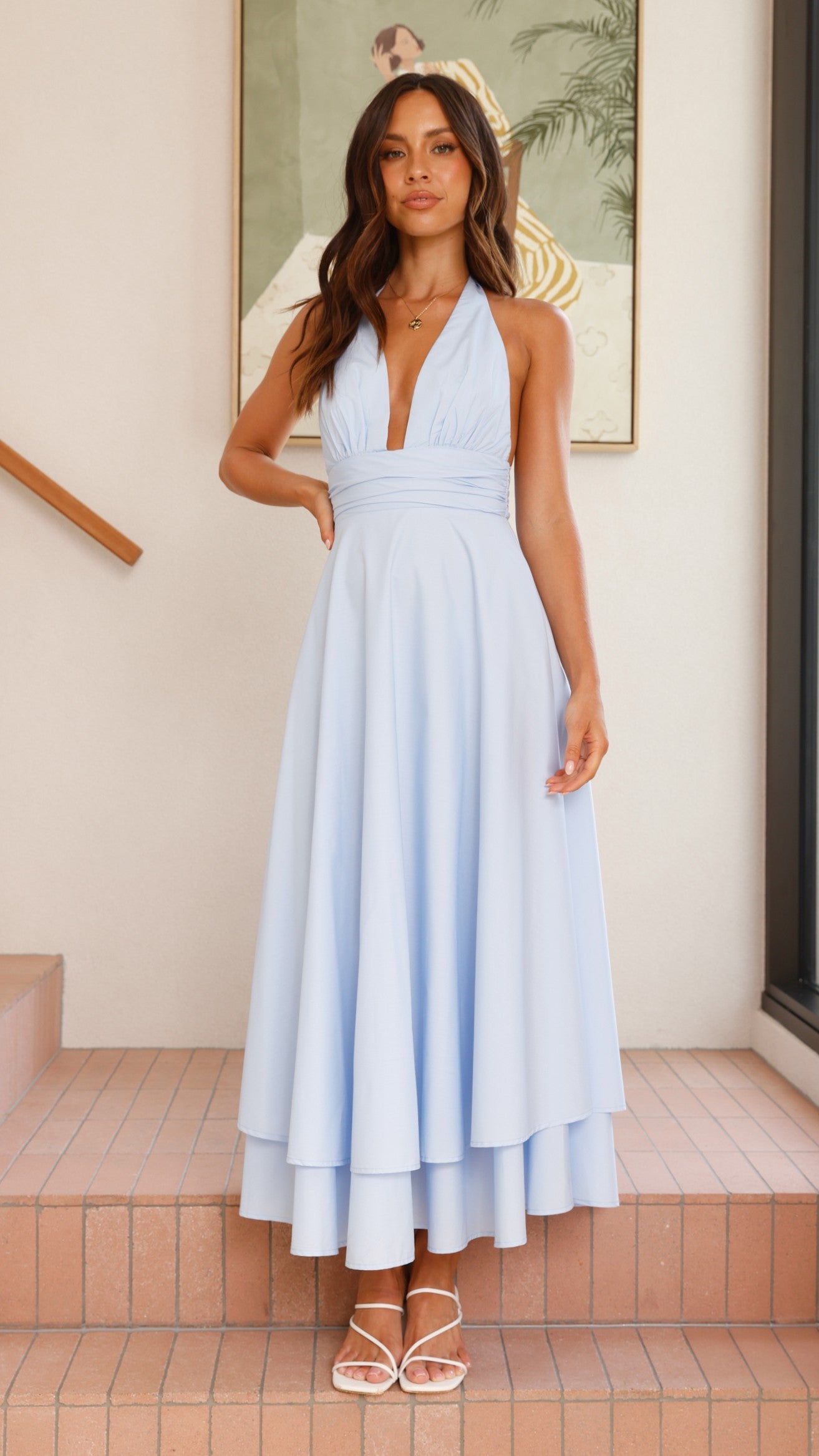 Elegant Kathy Halter Neck Maxi Dress - Light Blue Flowy Summer Dress for Beach, Wedding & Vacation | Women's Fashion