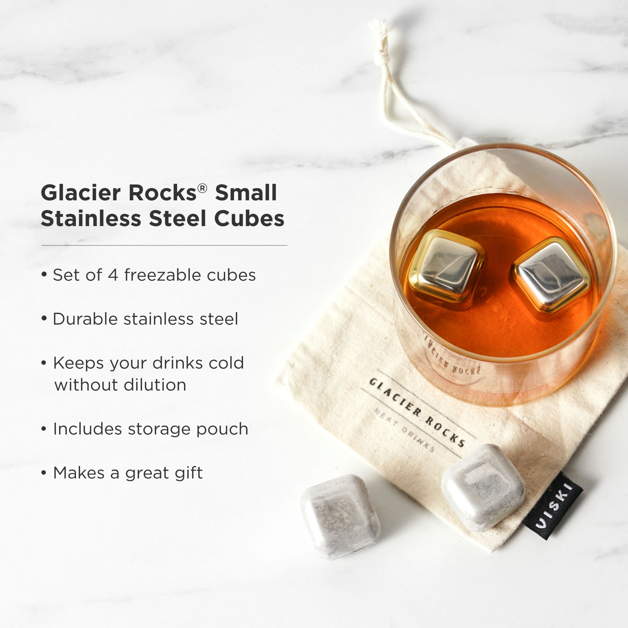 Premium Stainless Steel Ice Cubes Set of 4 - Reusable Whiskey Stones for Chilling Scotch, Bourbon & Cocktails - Perfect for Home Bars, Gifts & Parties