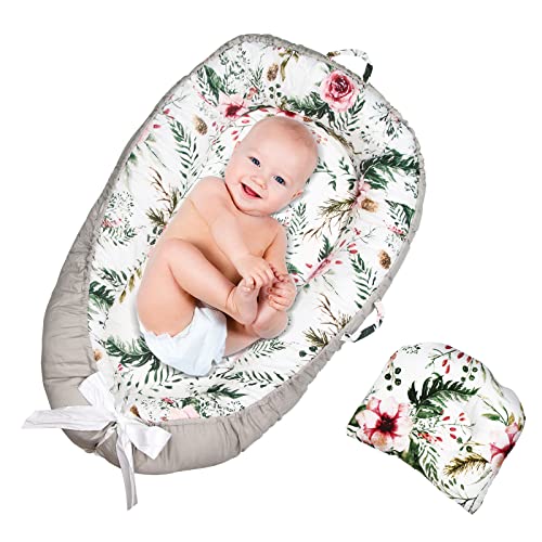 Ultra Soft & Breathable Baby Lounger with Pillow for Newborns - Portable Co-Sleeping Nest for Infants (Flower Pattern) | Perfect for Nursery, Travel & Breastfeeding Comfort