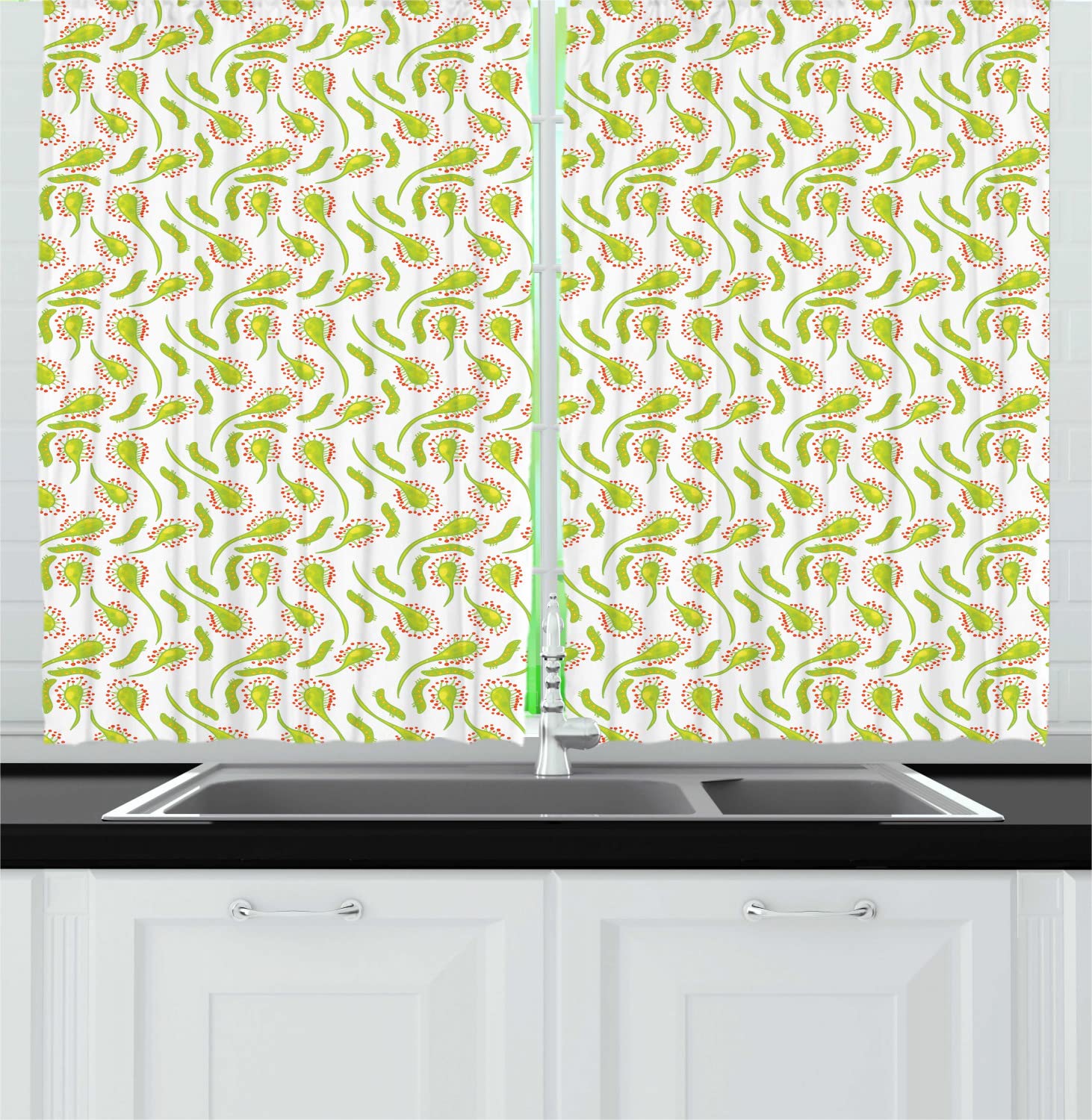 Ambesonne Foliage Long Kitchen Curtains - Sundew Plant & Larva Doodle Carnivorous Plant Illustration - 2 Panel Rod Pocket Drapes for Windows - 55