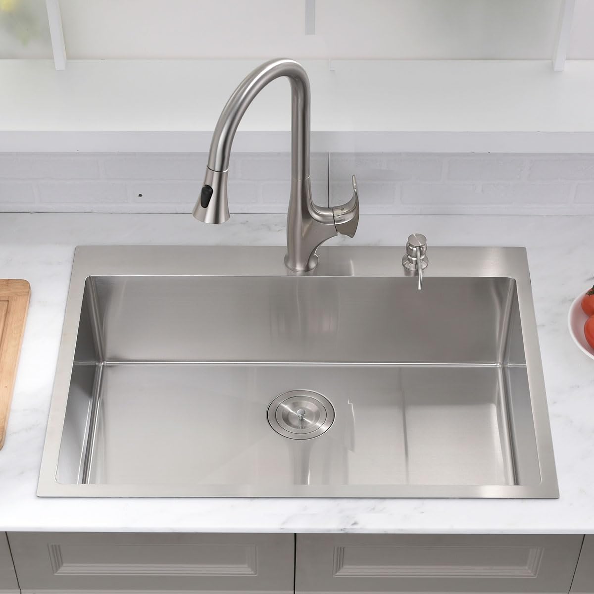 **33-inch Drop-In Stainless Steel Kitchen Sink - VOKIM 16 Gauge Single Bowl Handmade Sink with Dish Grid, Basket Strainer & Soap Dispenser - Perfect for Modern Kitchens & Easy Meal Prep**
