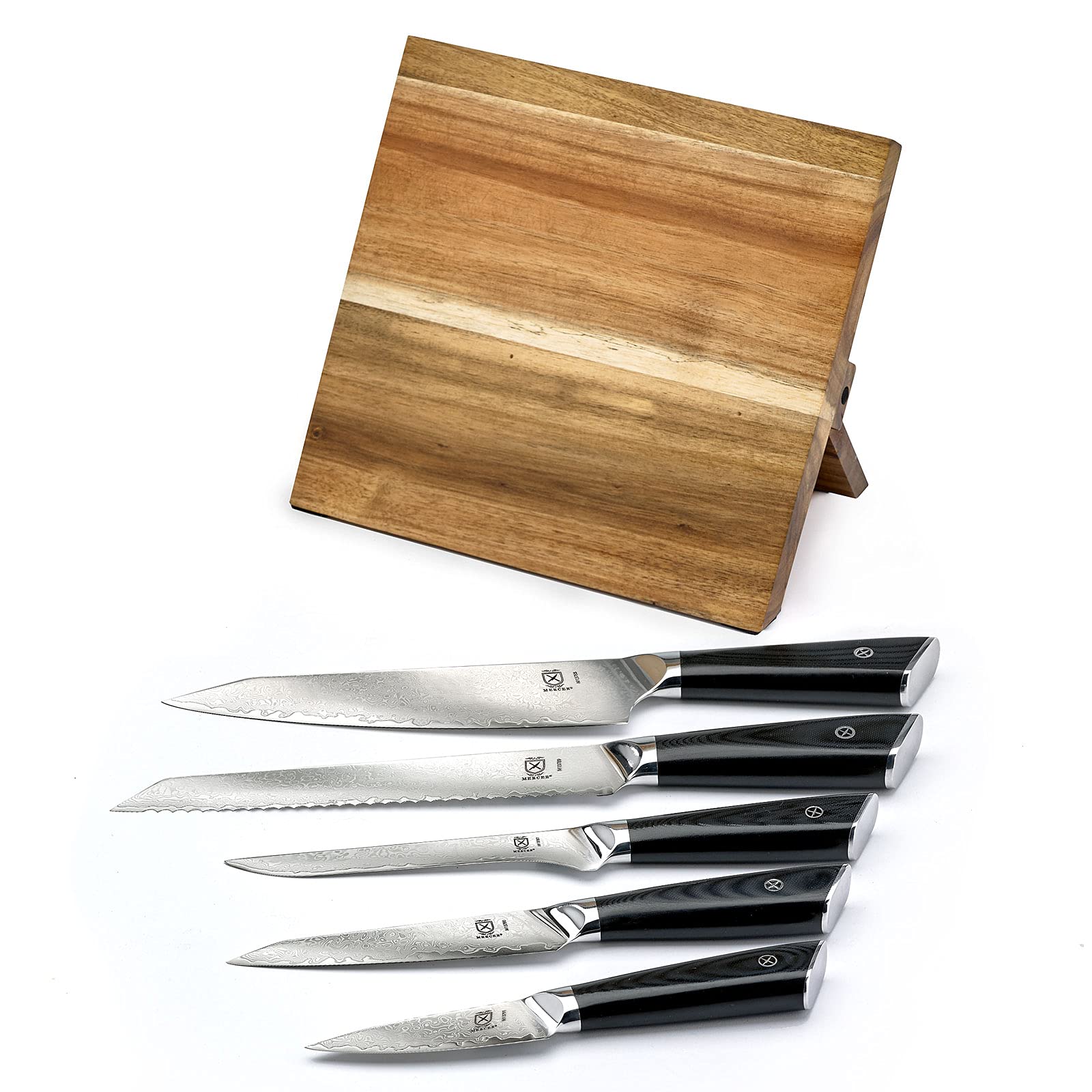 Premium 6-Piece Mercer Culinary Knife Set with G10 Handles & Magnetic Acacia Wood Stand - Professional Grade Super Steel Kitchen Cutlery for Chefs & Home Cooking - Perfect for Slicing, Dicing & Food Prep