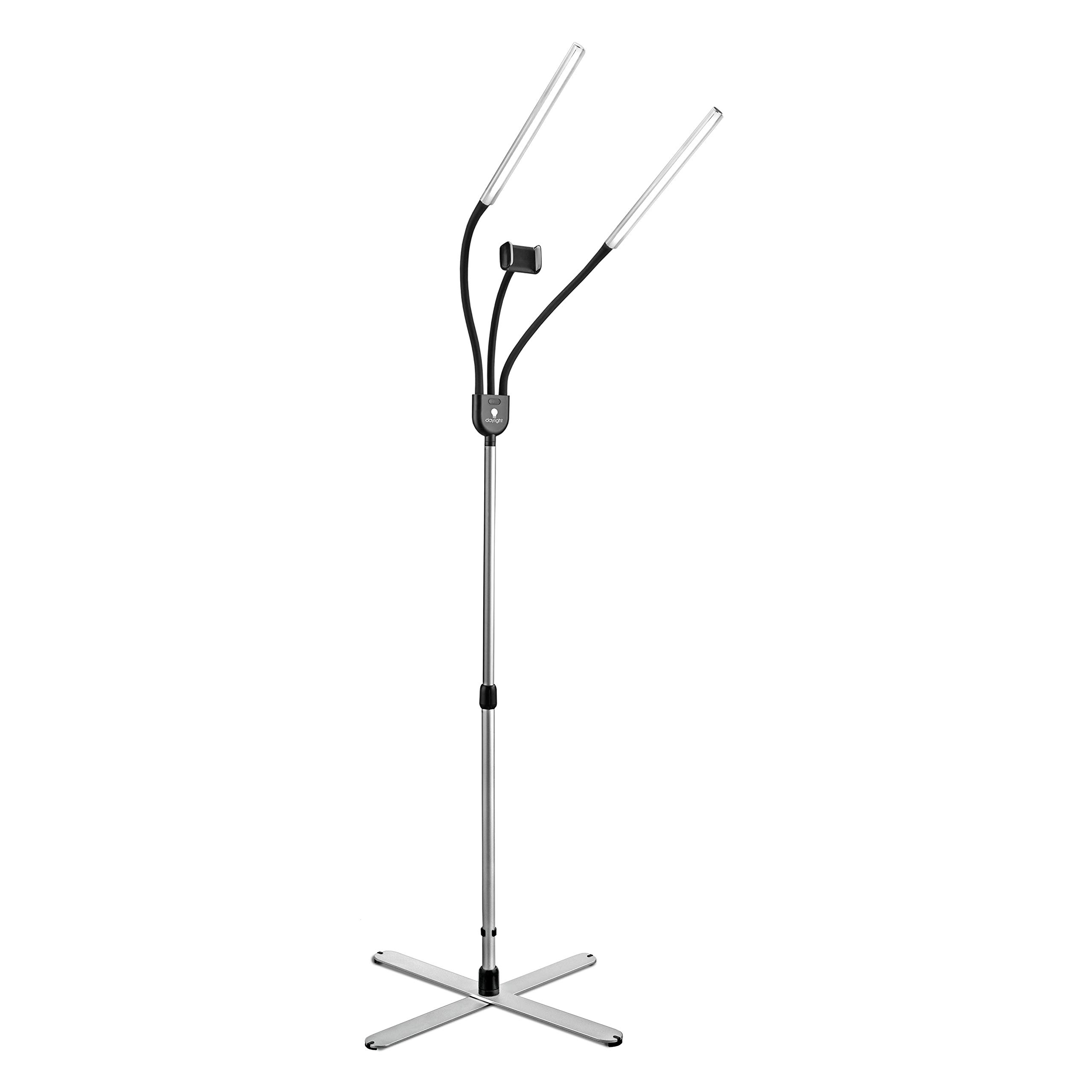 Daylight Company Gemini Floor Lamp - 2 Strobe Lamps with 4 Adjustable Brightness Levels (4,500 LUX, 1,400 Lumens) - Silver | Perfect for Social Media Photography, Nail Salons, Beauty Studios & Office Lighting