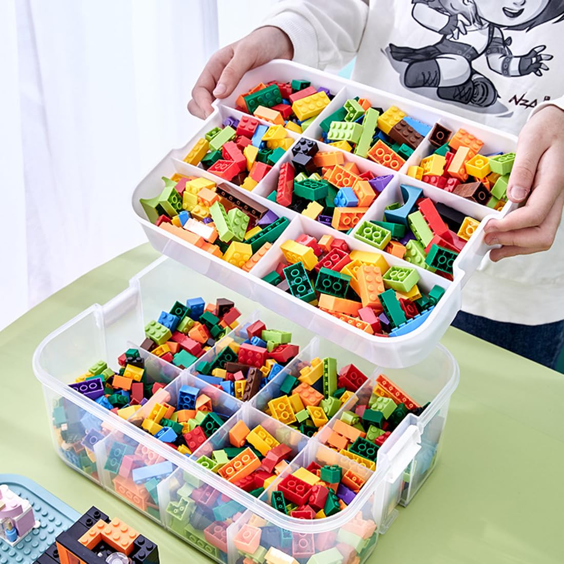 **Stackable Plastic Toy Organizer Bins with Compartments - Green Building Blocks Storage Containers for Lego & Bricks - Perfect for Kids' Playroom, Classroom & Home Organization**