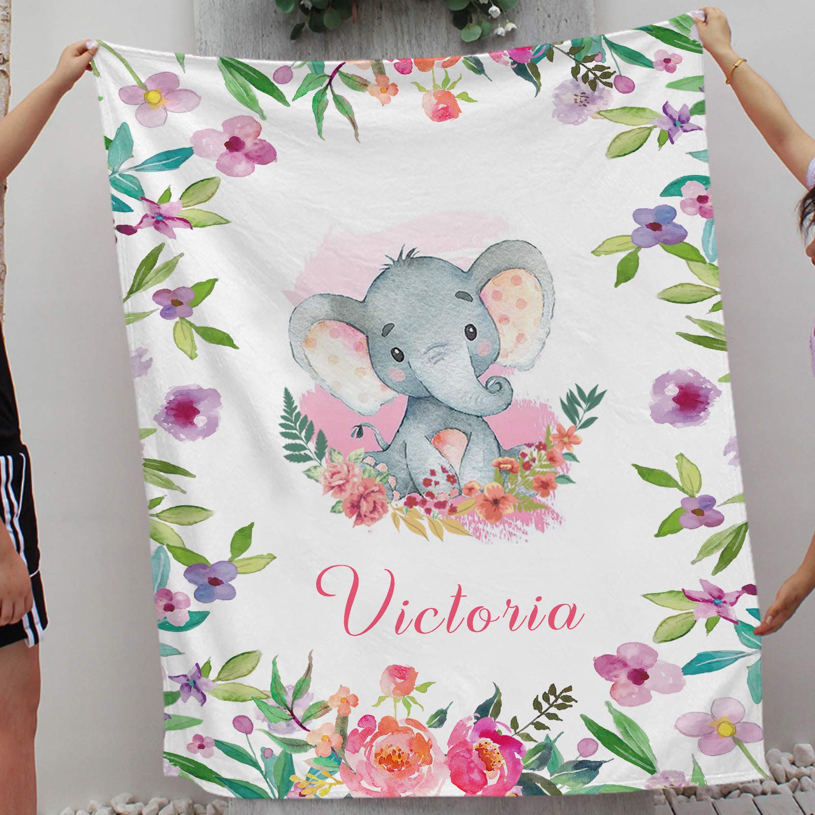 Personalized Baby Girl Elephant Blanket - Custom Name Pink Elephant Receiving Blanket with Watercolor Flowers | Nursery Decor, Baby Shower Gift, Newborn Swaddle Blanket for Girls
