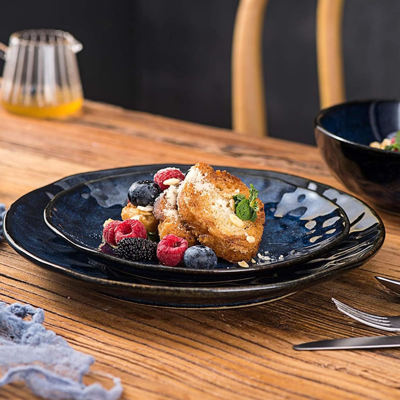 Vicrays 8 Inch Ceramic Dessert Plates Set of 4 - Round Porcelain Salad Plates Microwave, Oven & Dishwasher Safe - Scratch Resistant Fluted Edge - Perfect for Snacks, Appetizers, Home Dining & Restaurant Use (Blue)