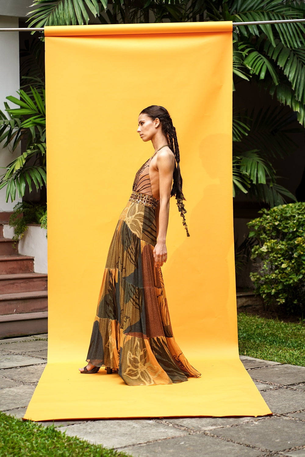 Exquisite Tropical Mustard Print Maxi Dress with African Baroque Hand Embroidery - Perfect for Beach Vacations, Summer Parties & Boho Fashion