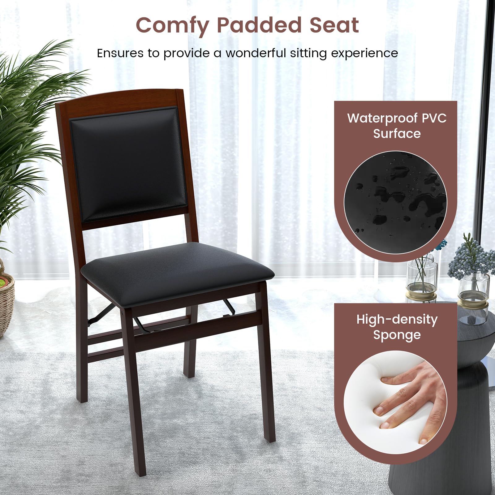 GOFLAME 4-Pack Folding Dining Chairs Set - Wooden Frame with PVC Padded Seat & High Backrest, Space-Saving Foldable Chairs for Kitchen, Living Room, Restaurant, Patio, and Outdoor Dining