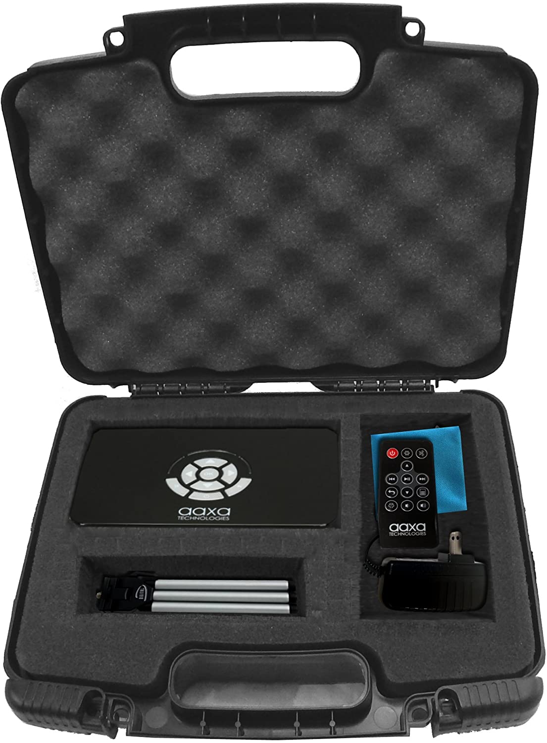 CASEMATIX Hard Travel Case with Custom Foam for AAXA P7 Pico Projector & Accessories - Fits P300, P4X, Ivation, Philips, Brookstone Projectors - Perfect for Travel, Storage & Protection with Mini Tripod & Charger