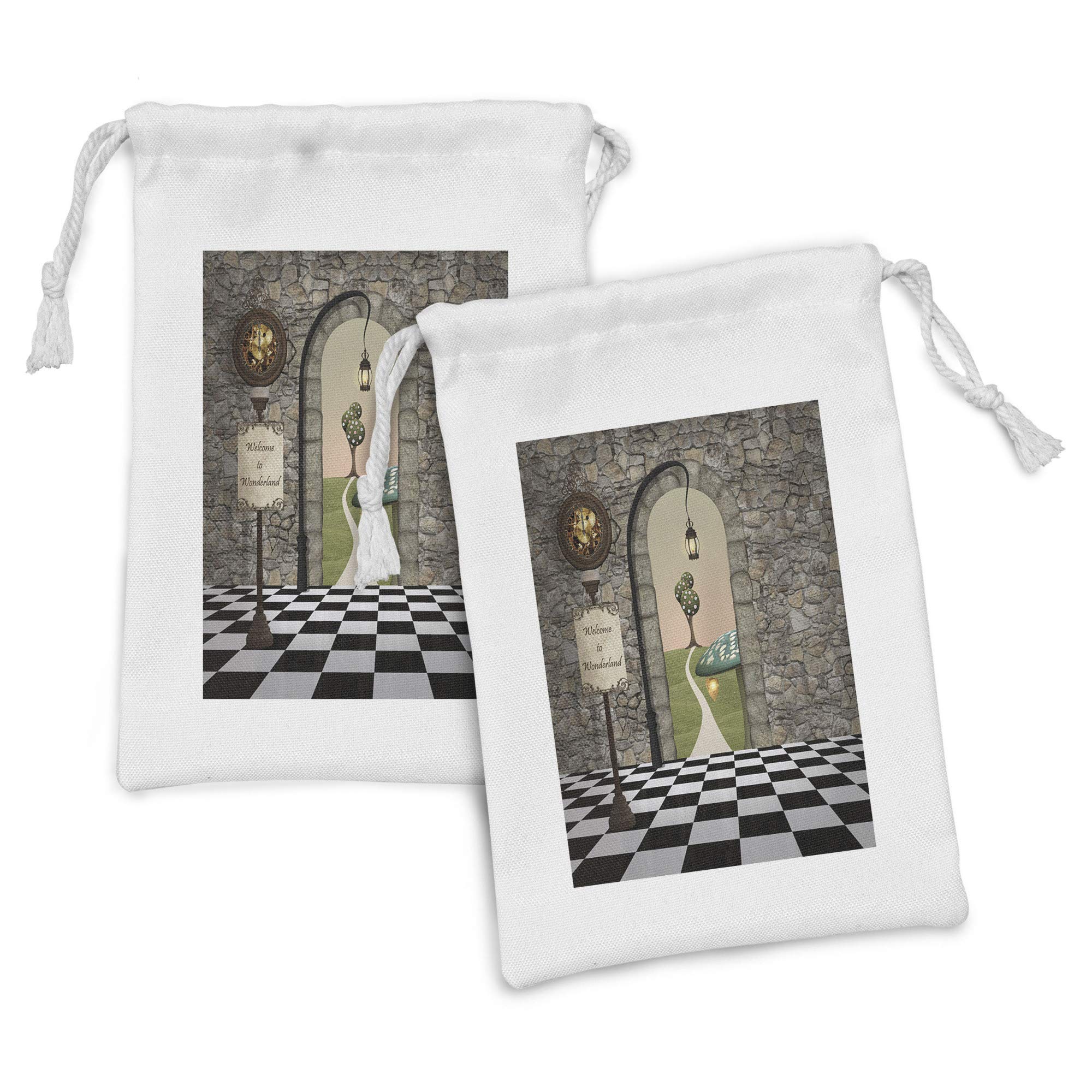 Ambesonne Alice in Wonderland Fabric Pouch Set of 2 - Black & White Mushroom Print Drawstring Bags (9