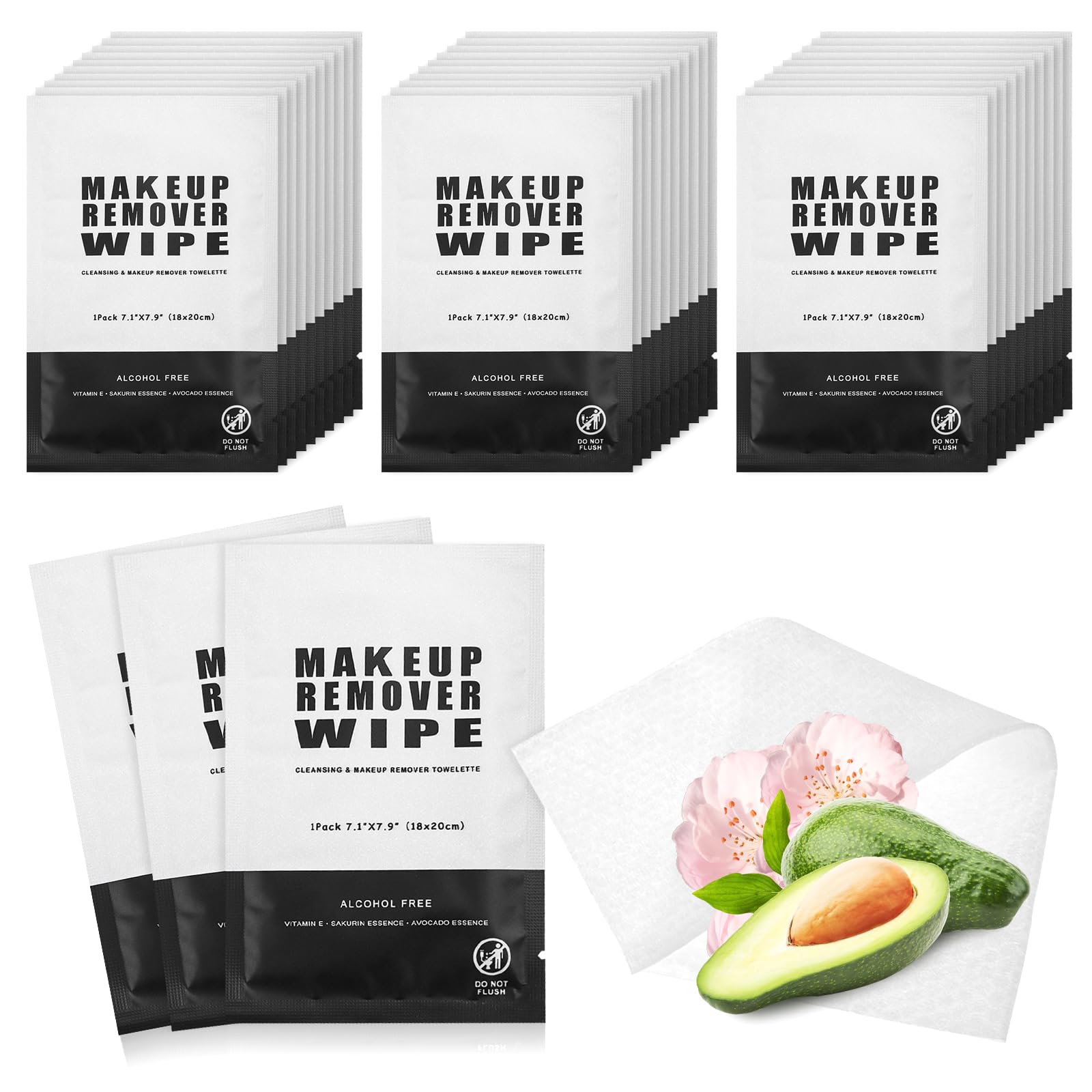 50 Pack Individually Wrapped Makeup Remover Wipes - Bulk Facial Cleansing Pads for Mascara, Lipstick & Oil Removal | Gentle on Skin | Perfect for Travel, Gym & Daily Use (Black)