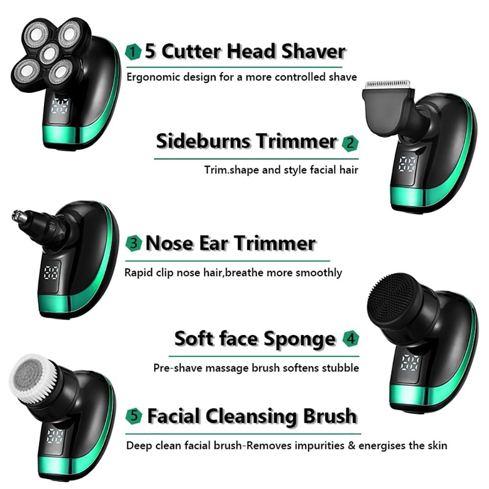 5-in-1 Rechargeable Electric Head Shaver for Men - Waterproof Bald Head Shaver with Floating Heads, Nose & Ear Hair Trimmer & Facial Cleaning Brush - Perfect for Travel, Gym & Daily Grooming Routine