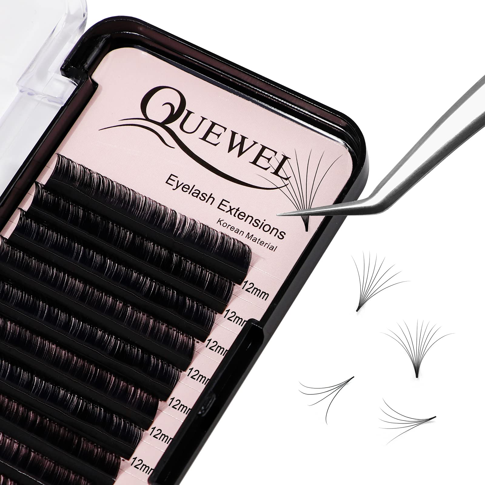 QUEWEL 0.07mm D Curl Volume Lash Extensions - 12mm Mink Black False Eyelashes for Rapid Blooming & Easy Fanning | Perfect for Bridal, Party & Special Occasion Makeup