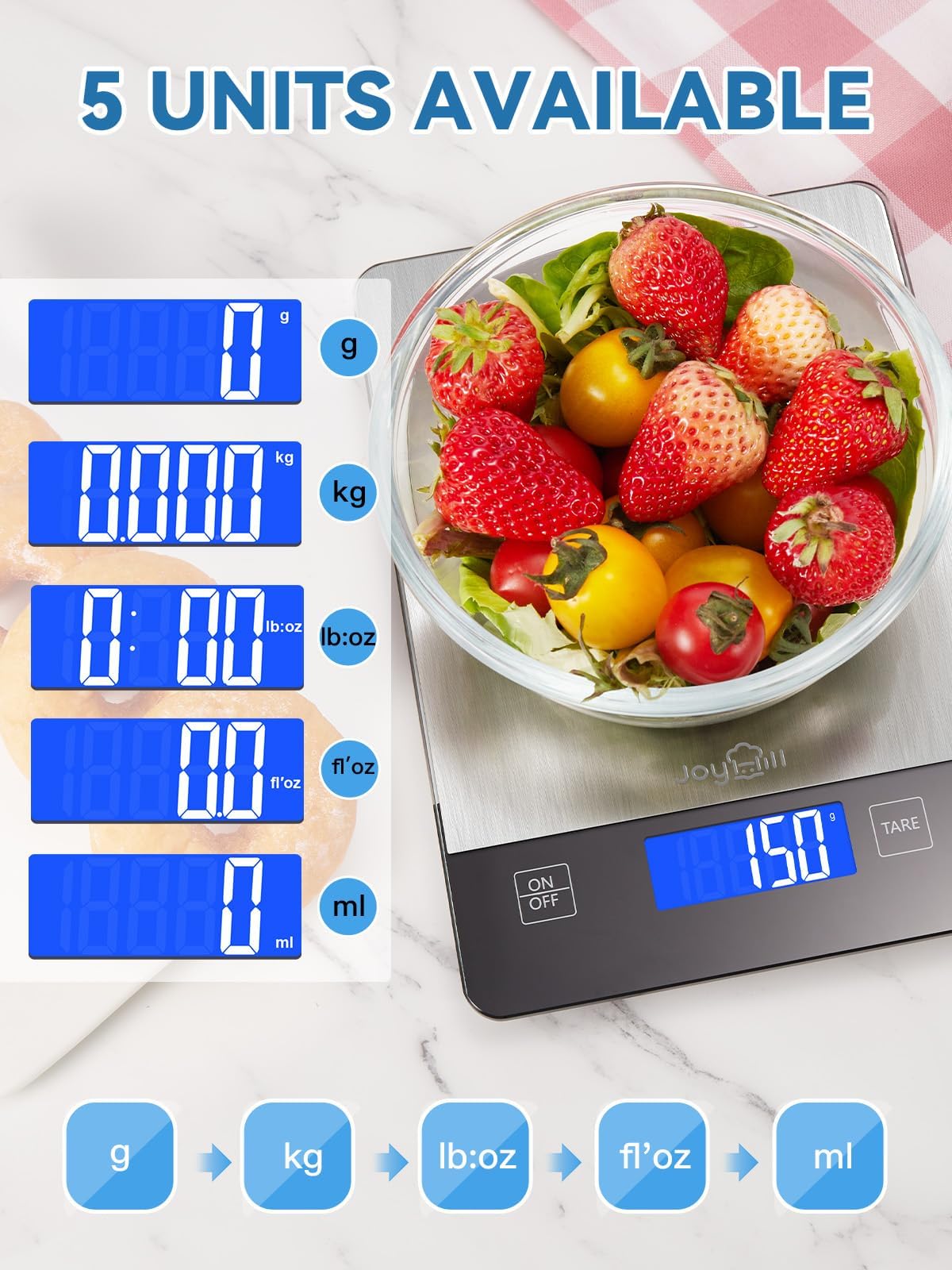 JOYHILL 10kg/1g Precision Digital Kitchen Scale with LED Display - Stainless Steel Food Scale for Baking, Cooking & Meal Prep - Measures in Grams/Ounces - Includes Batteries - Perfect for Home Chefs & Bakers