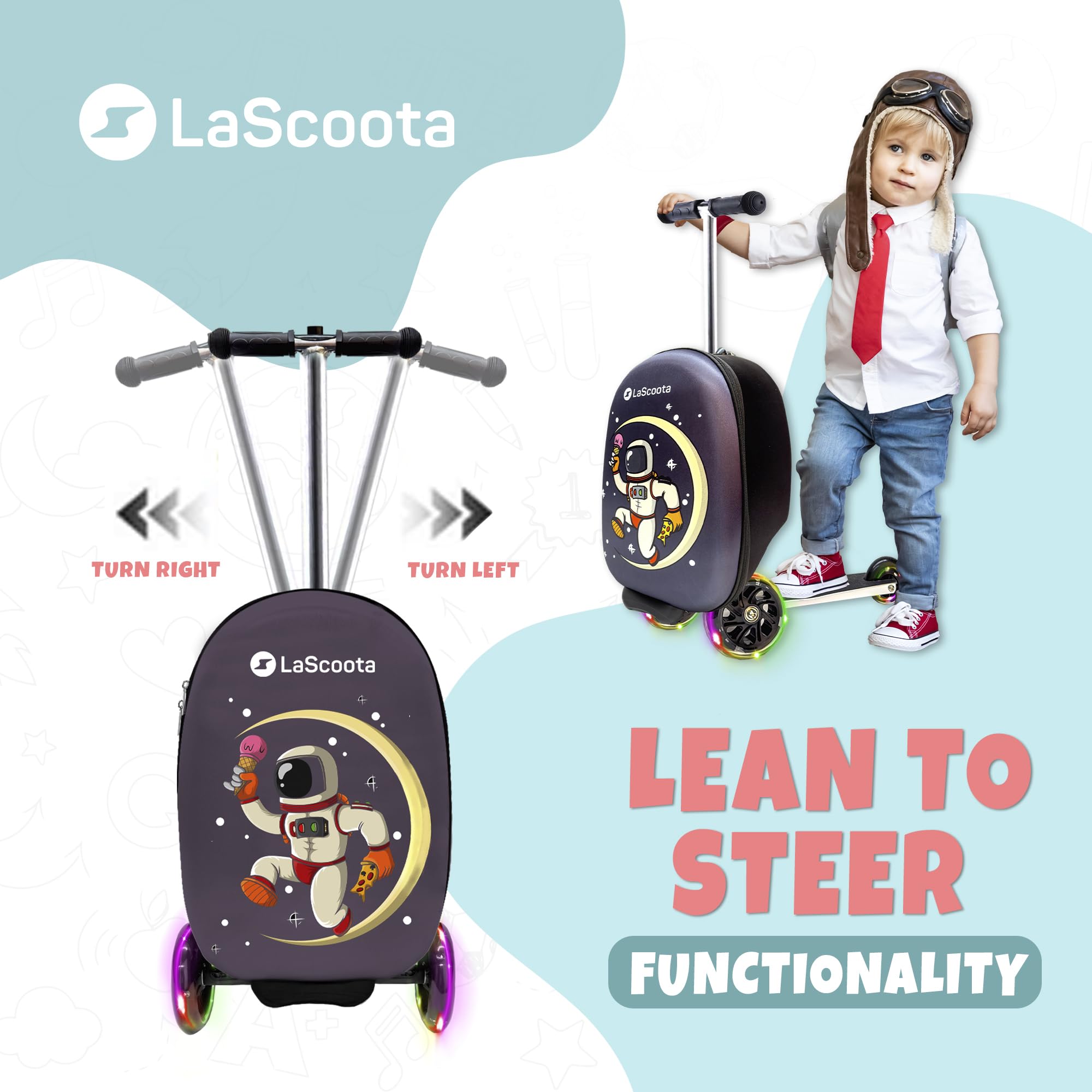 Lascoota Foldable Scooter Suitcase for Kids Ages 2-5 - Lightweight Ride-On Luggage with LED Wheels & Astronaut Design - Perfect for Air Travel, Road Trips & Playtime Adventures