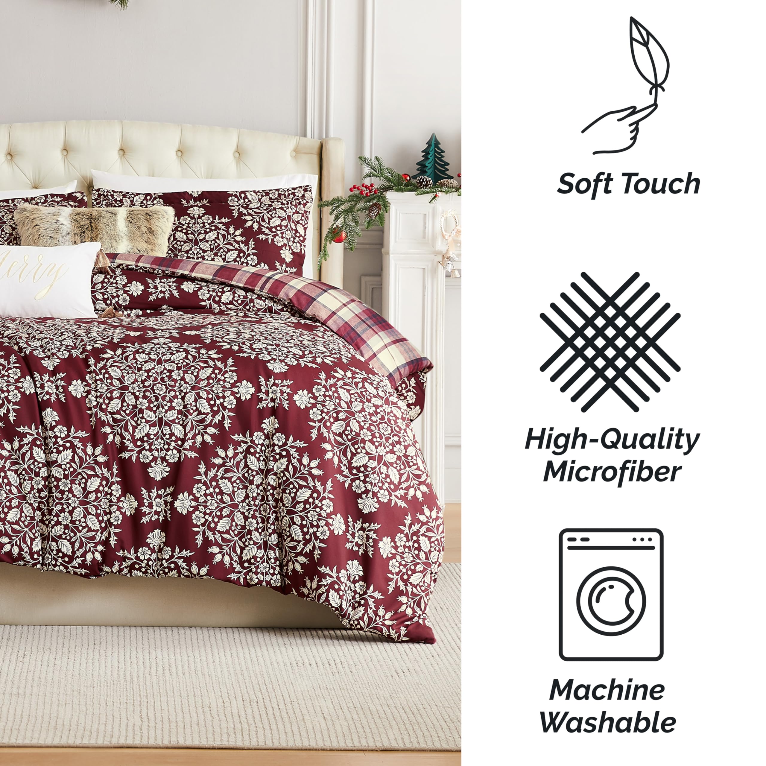 Southshore Fine Living 5-Piece Christmas Comforter Set - Reversible Full/Queen Bedding with Throw Pillow & Shams | Red Plaid & Holly Holiday Design | Perfect for Festive Bedroom Decor & Winter Home Styling