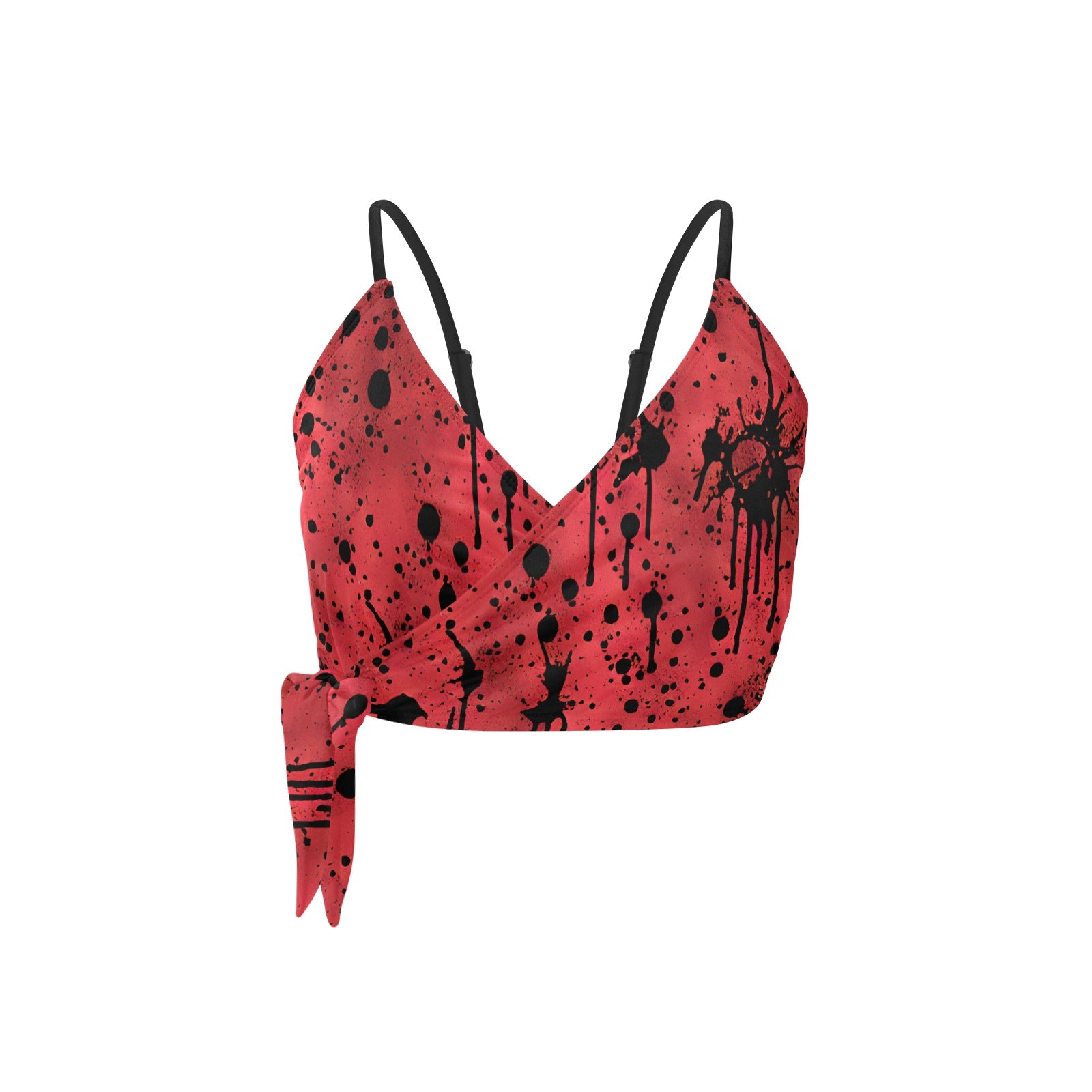 Black Ink Splatter Print Red Knot Side Bikini Top - Sexy Swimwear for Beach, Pool Party & Summer Vacation