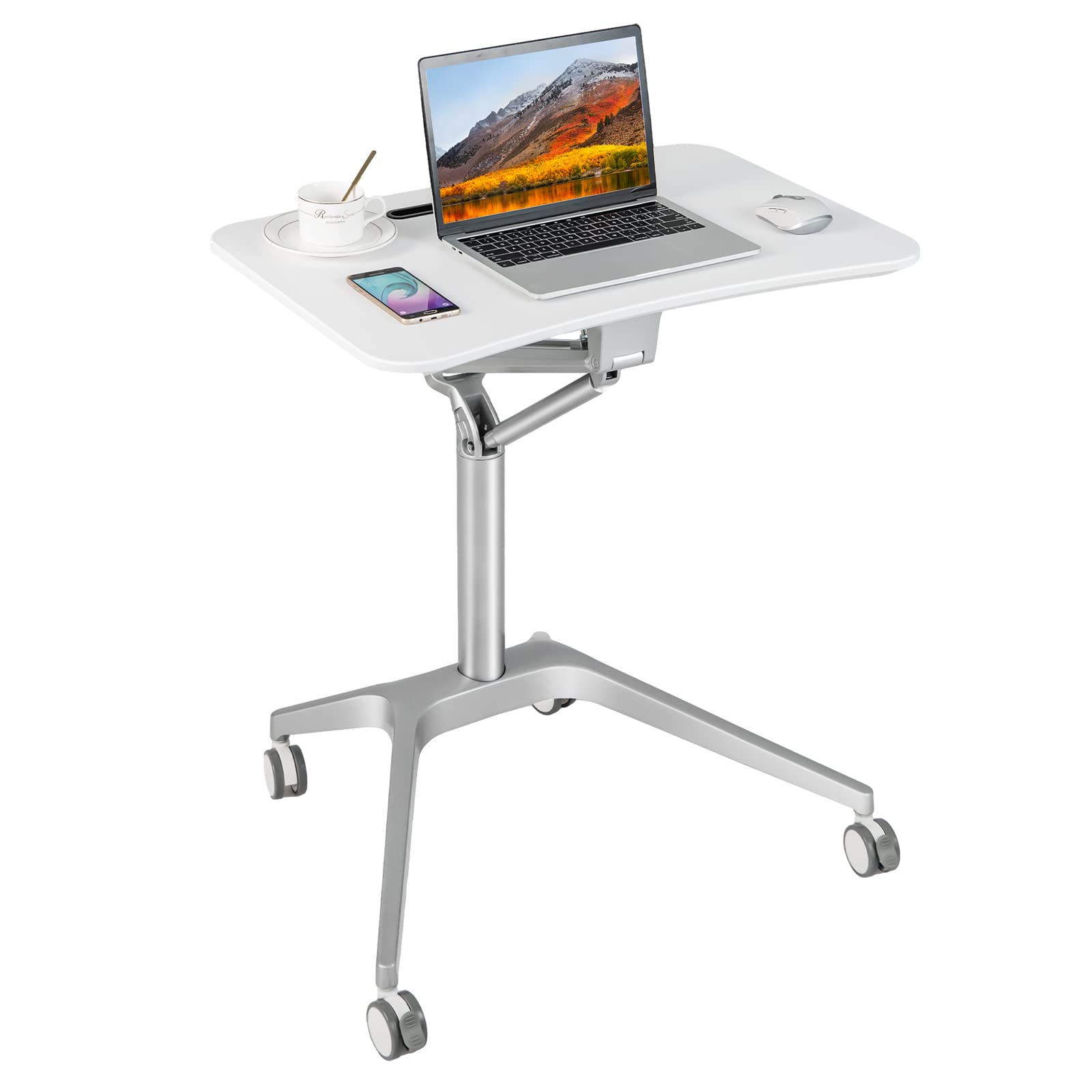 Tangkula Adjustable Mobile Standing Desk with Pneumatic Lift - Portable Sit Stand Laptop Table with Tablet Holder & 4 Wheels - Rolling Lectern Podium for Home Office, Classroom & Conference Room - Perfect for Remote Work, Online Teaching & Presentations