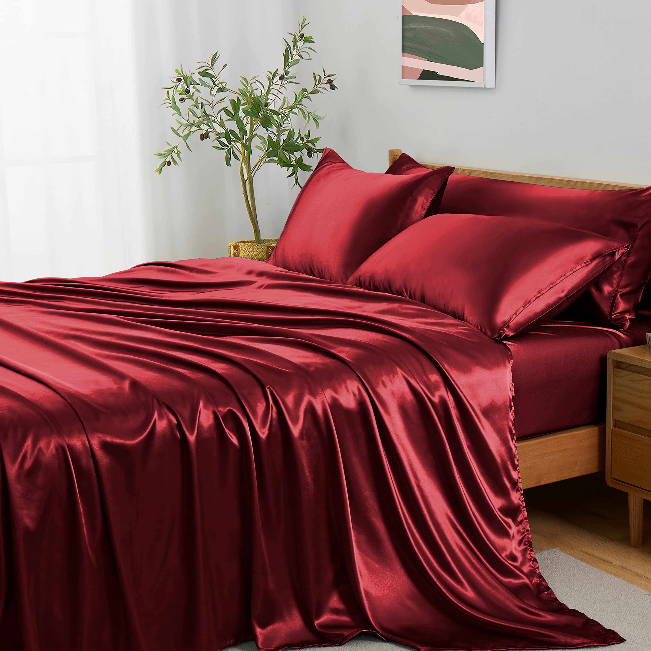 Entisn 5-Piece Full Size Satin Sheets Set - Luxury Burgundy Bedding with 1 Fitted Sheet, 1 Flat Sheet & 3 Pillowcases - Ultra Soft, Breathable Silky Satin for Comfortable Sleep - Perfect for Master Bedroom, Guest Room or Dormitory