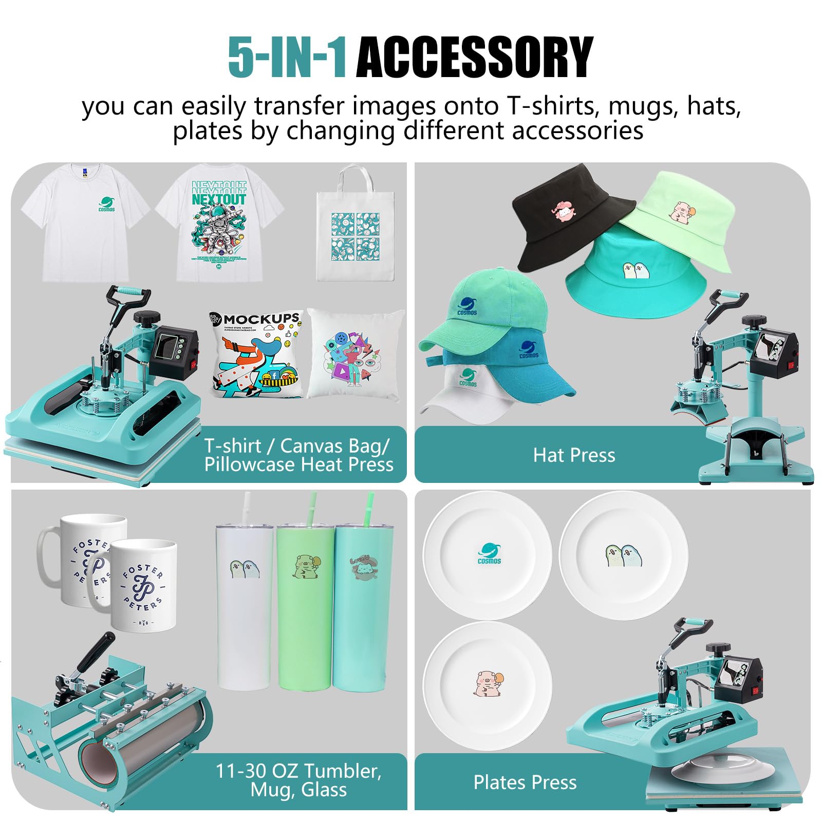 5 in 1 Heat Press Machine 15x15 Inch with 30oz Tumbler Attachment - Professional Sublimation Printer for T-Shirts, Hats, Mugs & Plates - Perfect for DIY Crafts, Custom Apparel & Small Business Printing