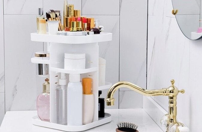 360° Rotating Large Capacity Makeup Organizer with Mirror - Cosmetic Storage for Bedroom, Bathroom & Vanity | Perfect for Organizing Lipsticks, Brushes & Skincare Products (White)