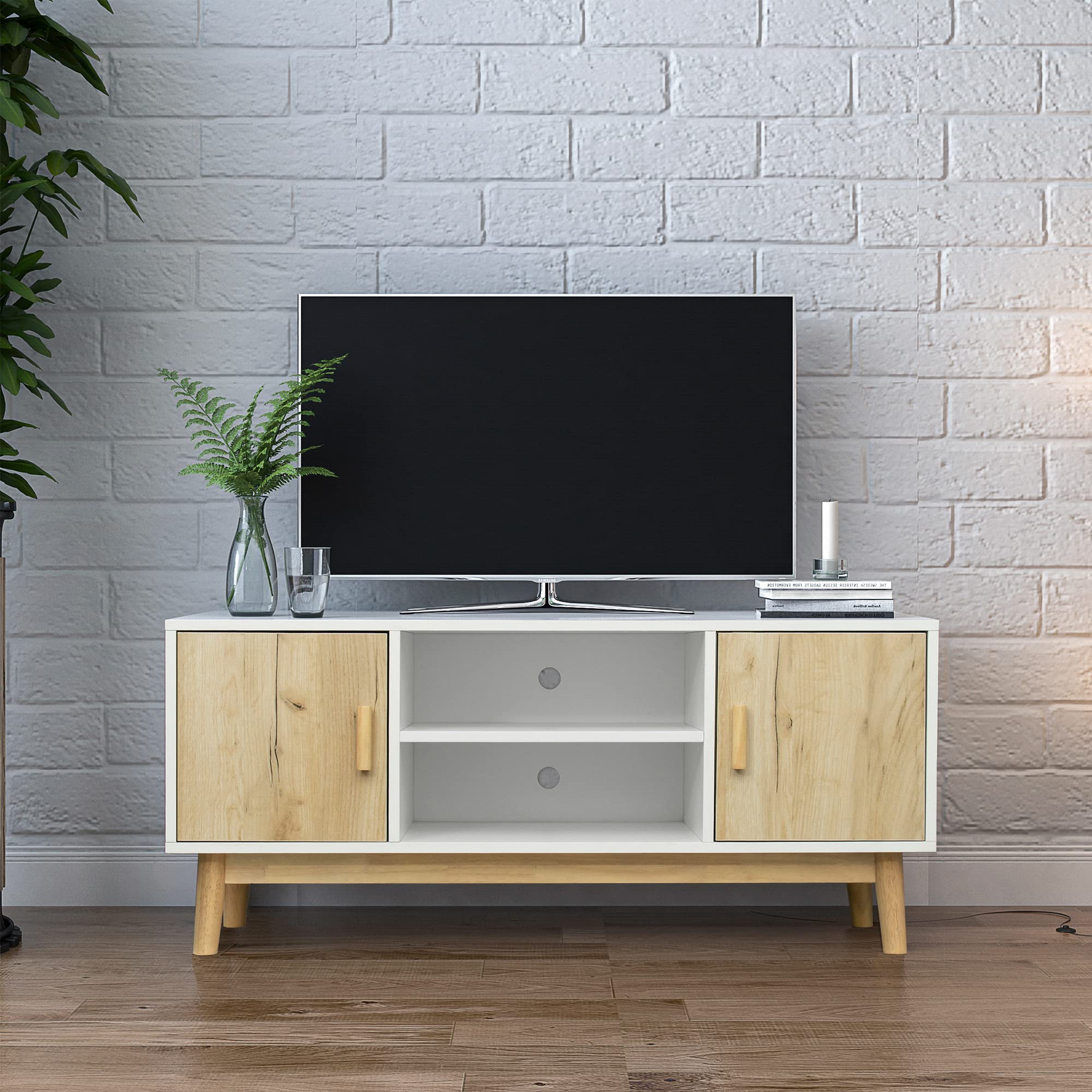 Mid-Century Modern TV Stand with Adjustable Storage - White & Oak Wood Entertainment Center for Living Room - Perfect for Home Theater & Living Room Décor