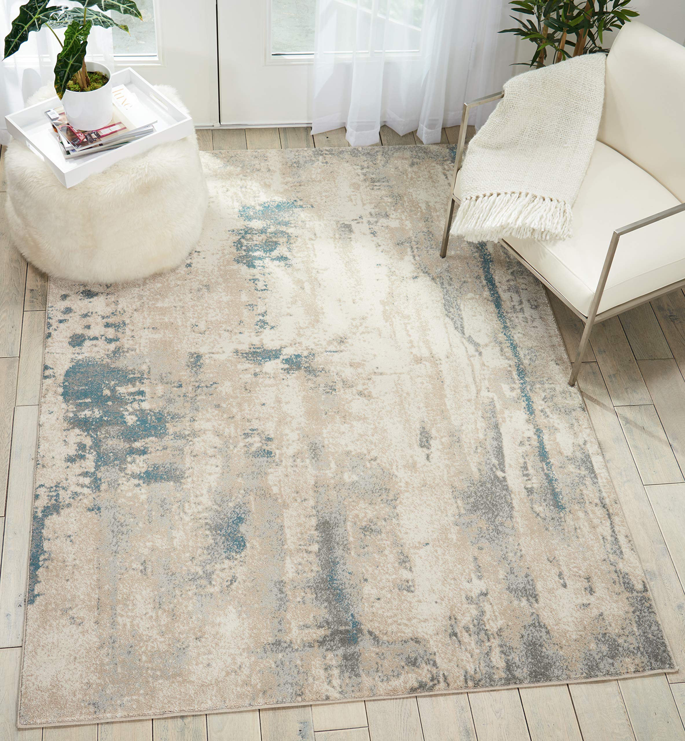 Nourison Maxell Contemporary Ivory/Teal 8x10 Area Rug - Easy Clean, Non-Shedding, Stain Resistant | Perfect for Living Room, Bedroom, Dining Room & Kitchen Decor | Soft & Durable for High Traffic Areas