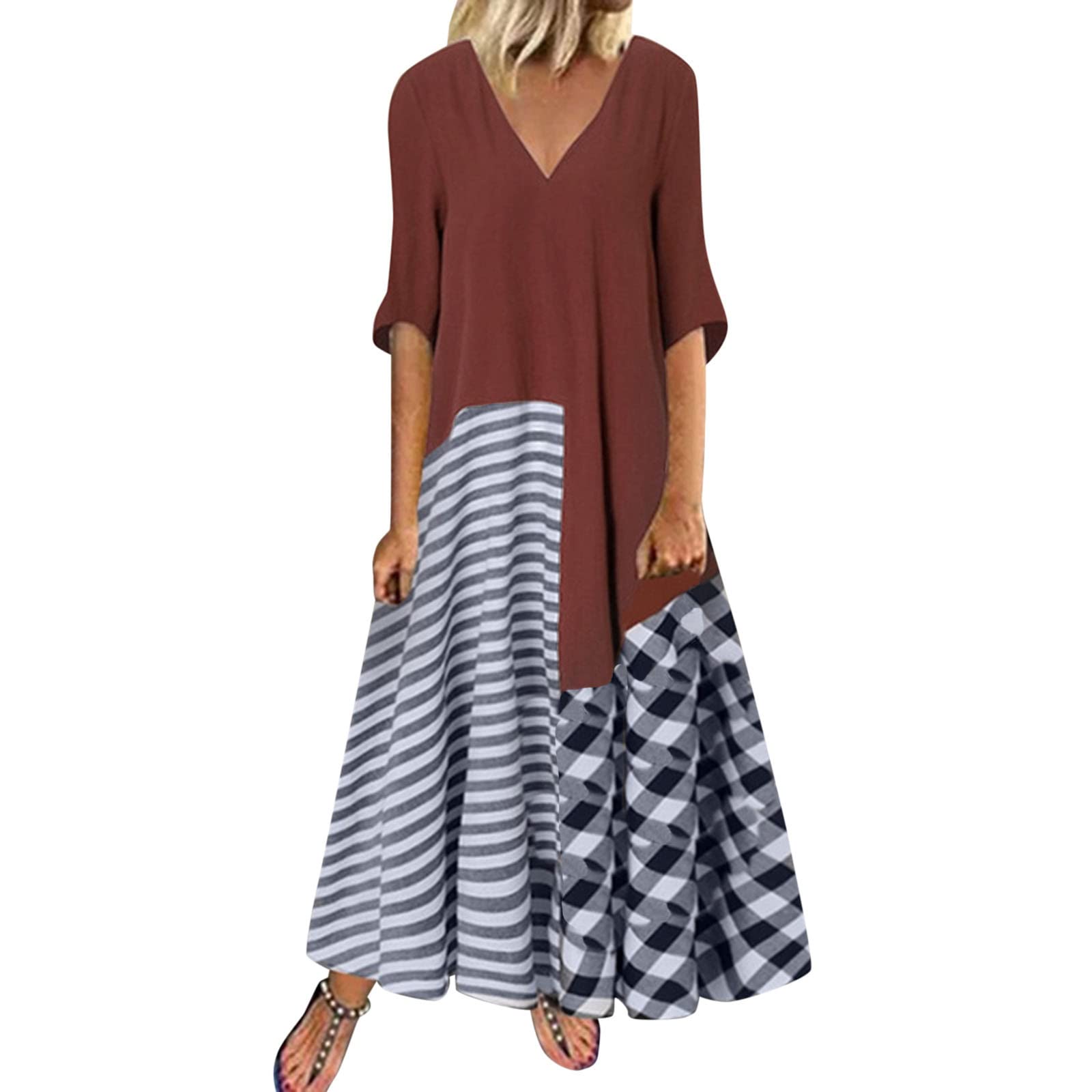Women's Summer Casual Striped Patchwork Printed Maxi Dress with Short Sleeves - Perfect for Beach Vacations, Outdoor Parties & Summer Getaways