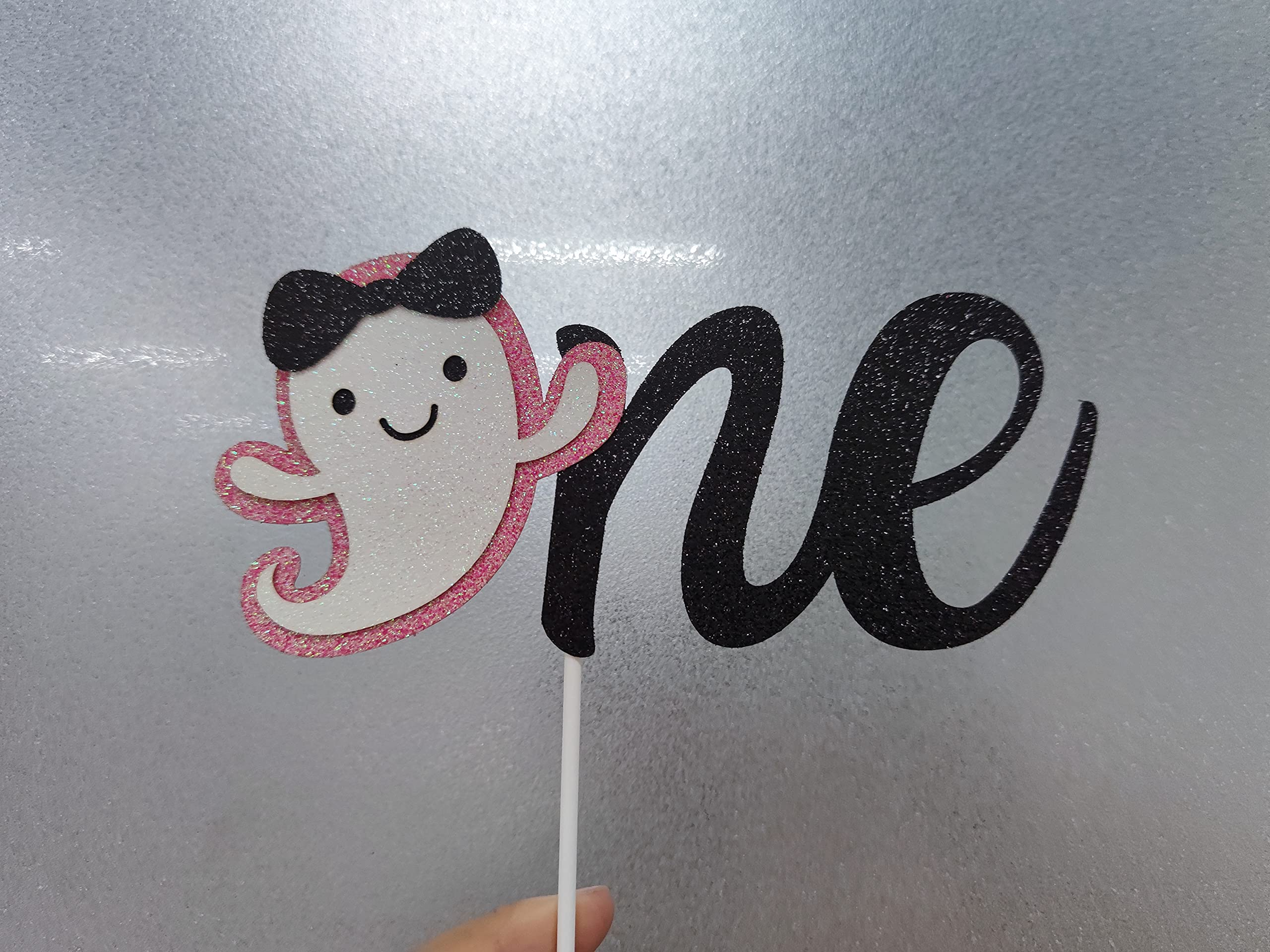 Pink & Black Glitter Halloween Ghost Cake Topper - Baby Girl 1st Birthday Party Supplies | Adorable Ghost Decor for Halloween Cakes, Cupcakes & Desserts