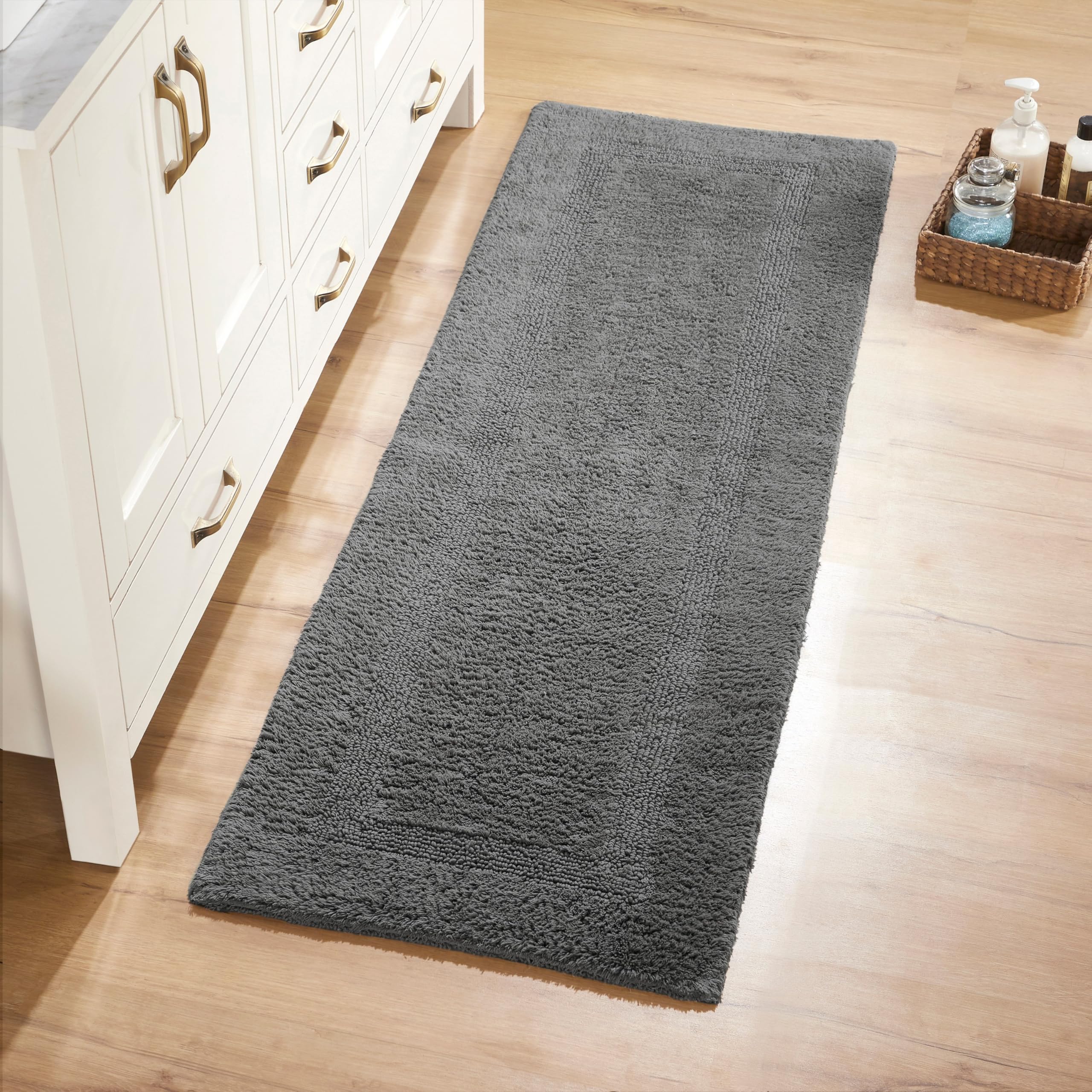 Better Trends Long Bathroom Rug - Super Soft Reversible Gray Cotton Bath Mat, Water Absorbent Machine Washable - Perfect for Bathroom Floor, Tub & Shower Decor, Laundry Room - Lux Collection | Home Decor Essentials for Cozy Bathrooms