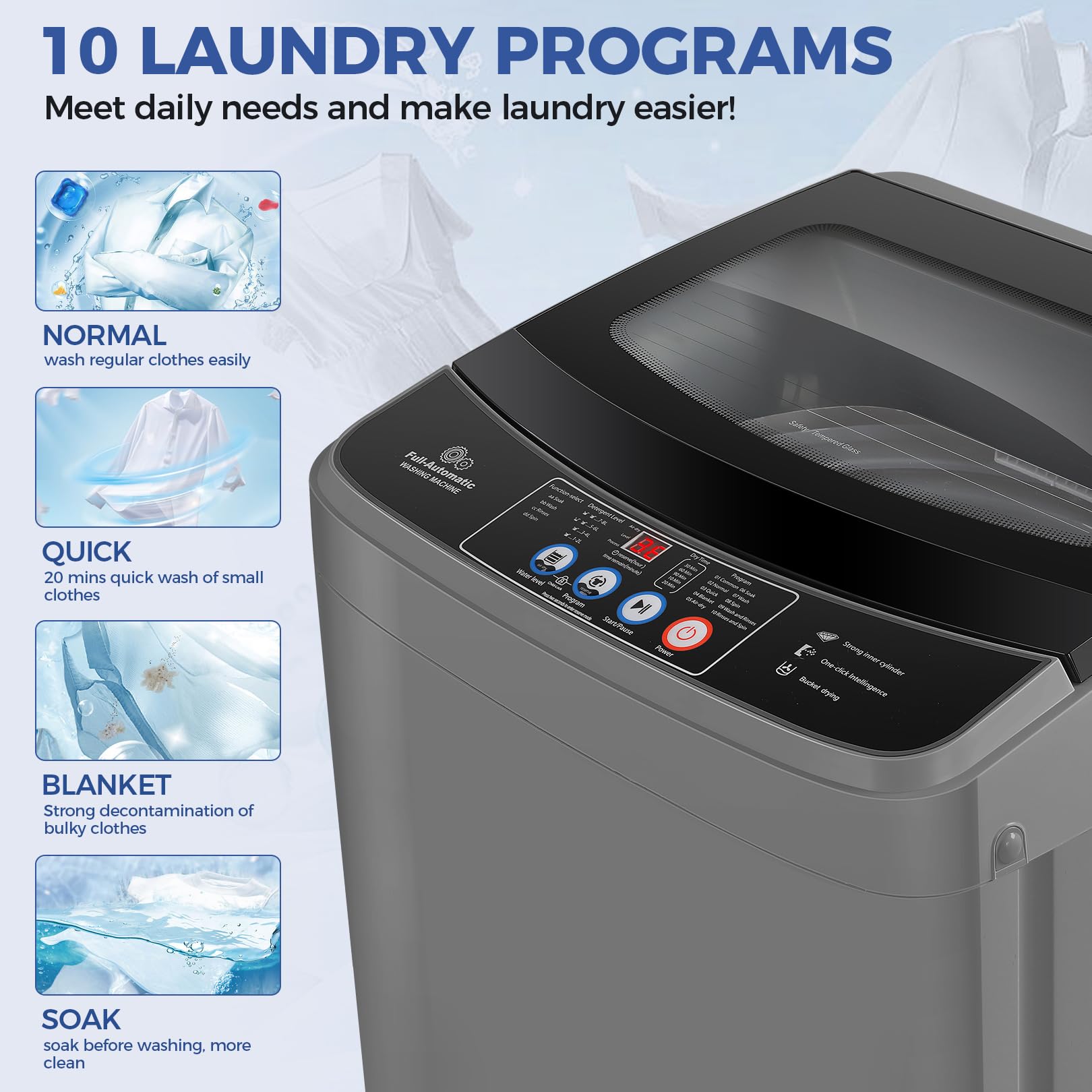 Nictemaw 20Lbs Full-Automatic Portable Washing Machine with Dryer Combo, 2.8Cu.ft Compact Washer - 10 Wash Programs & 8 Water Levels for Apartments, Dorms, RVs - Perfect for Small Spaces, Travel & Laundry on the Go - Glass Cover Included