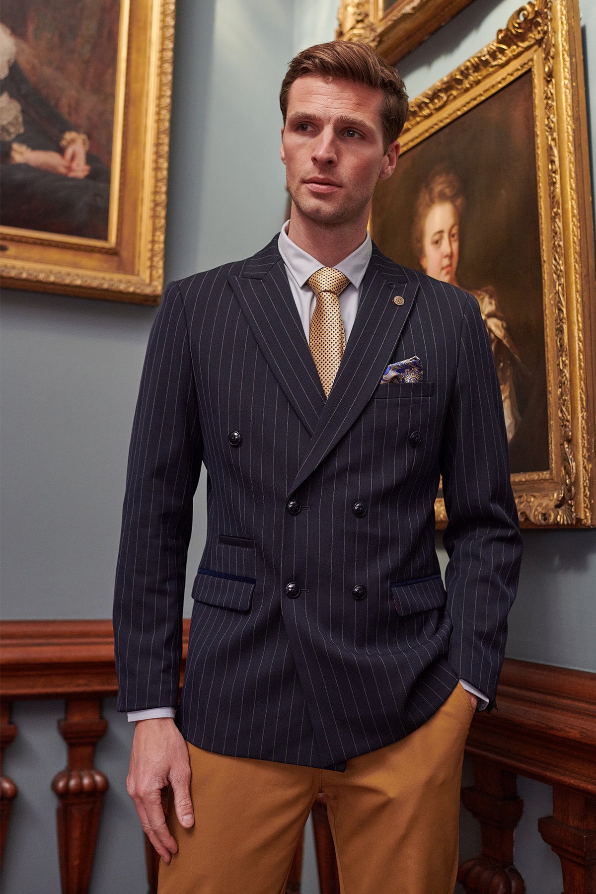 ROCCO Navy Pinstripe Double Breasted Blazer for Men - Formal Business Suit Jacket | Perfect for Office, Weddings & Special Occasions