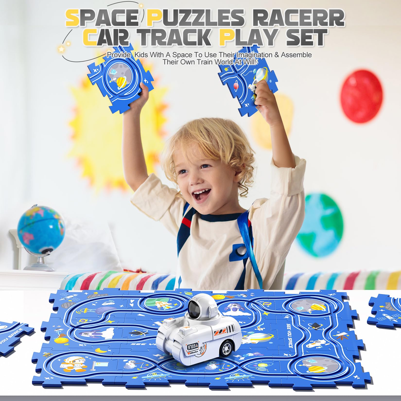 Puzzle Racer Kids Car Track Play Set - DIY Space-Themed Electric Toy Car with Astronauts | Montessori Educational STEM Toys for Toddlers | Christmas Stocking Stuffers & Birthday Gifts for Boys & Girls (Great for Indoor Play & Early Learning Activities)