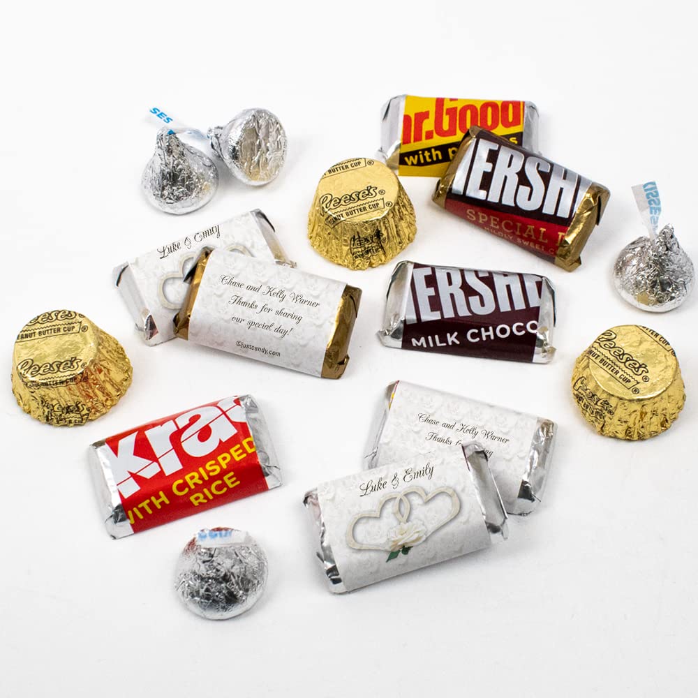 200pcs Personalized Wedding Candy Favors Kit - Custom Wrapped Chocolate Miniatures, Hershey's Kisses & Reese's Peanut Butter Cups - Elegant Wedding Party Favors for Guests, Candy Buffet & Dessert Table Decorations - Perfect for Bridal Showers, Receptions & Anniversary Celebrations - Two Hearts Design