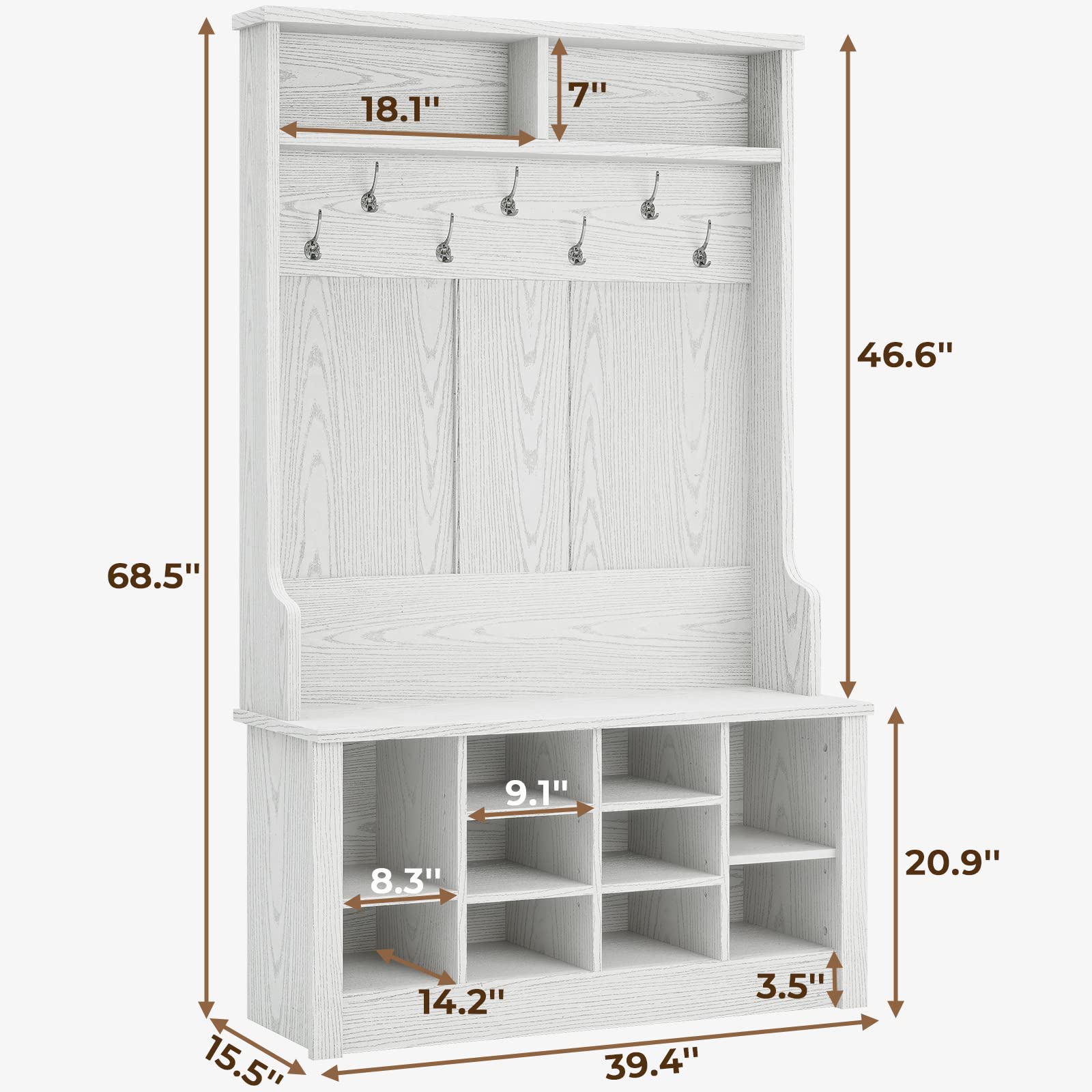 Itaar 3-in-1 Hall Tree with Storage Bench - White Entryway Organizer with Coat Rack, Adjustable Shoe Storage & Hanging Hooks - Perfect for Mudroom, Foyer or Small Space Entryway Organization