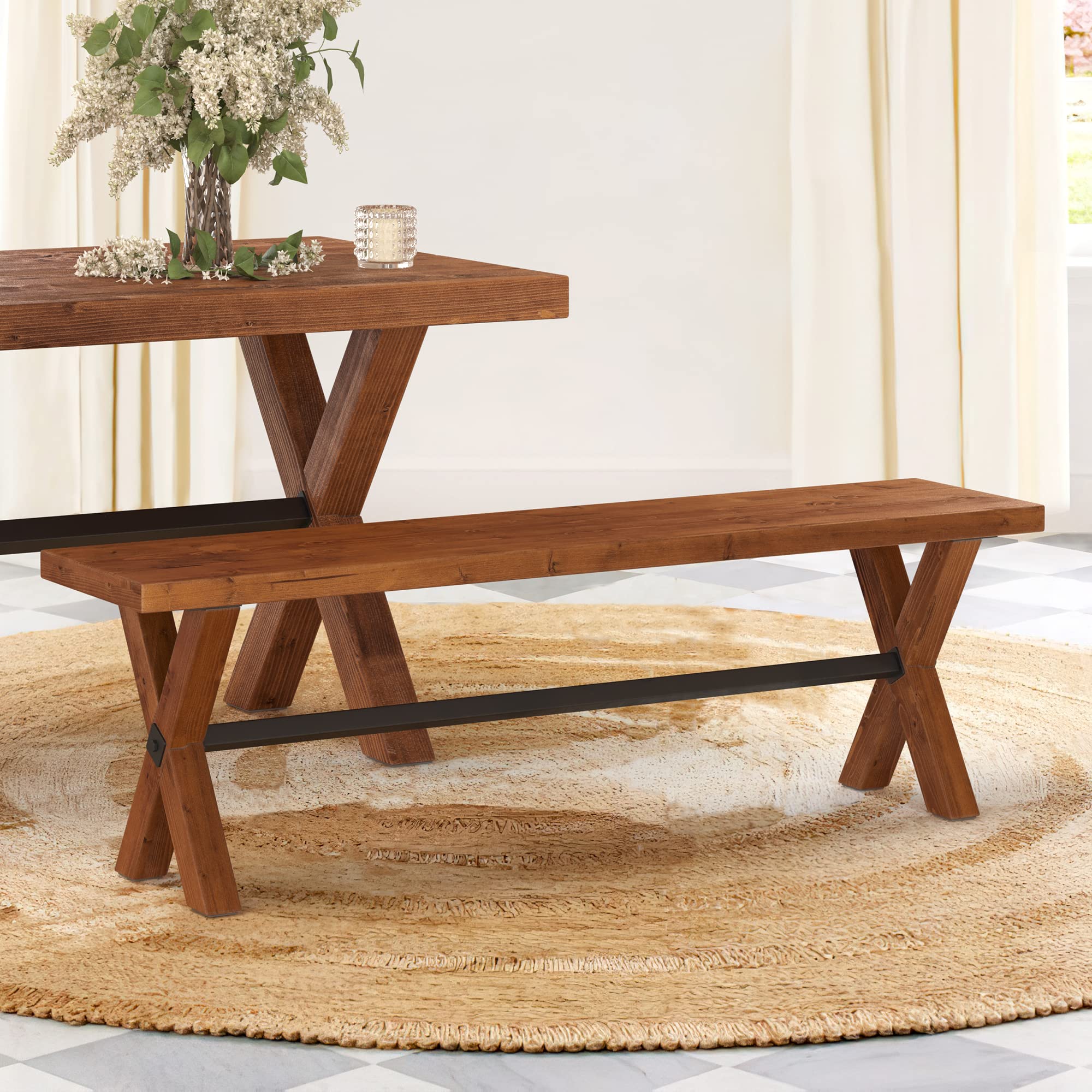 LUE BONA 59 Inch Solid Wood Dining Bench - Farmhouse Style Kitchen Bench with Natural Wood Grain - Heavy Duty Rectangular Dining Table Bench for Home, Kitchen & Dining Room - Light Brown - Perfect for Farmhouse Decor, Breakfast Nook & Family Gatherings