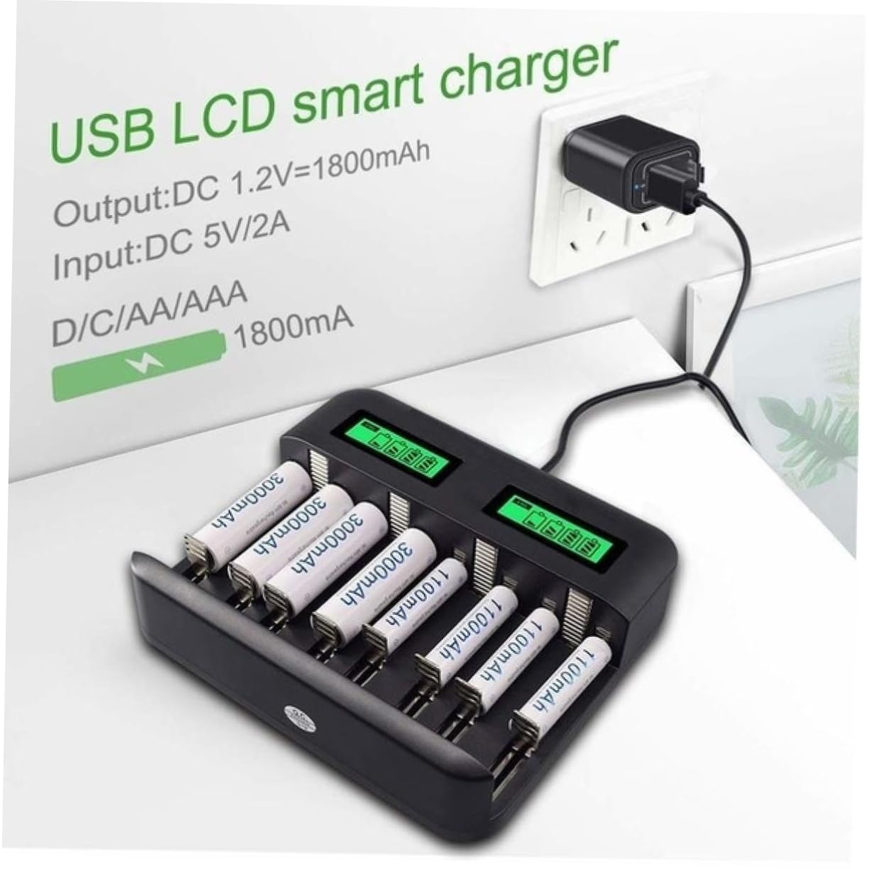 PartyKindom AA AAA USB Battery Charger with Digital Display - Fast Charging for Rechargeable Batteries - Perfect for Cameras, Toys, and Home Electronics