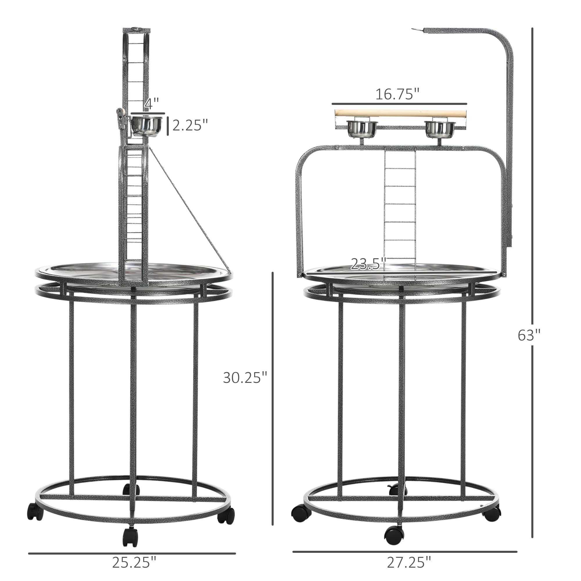 PawHut Large Parrot Stand with Toy Hook & 3 Ladders - Easy Grip Wooden Bird Perch for Macaws, Cockatoos, African Greys - Perfect for Playtime, Training & Cage-Free Time (Gray)