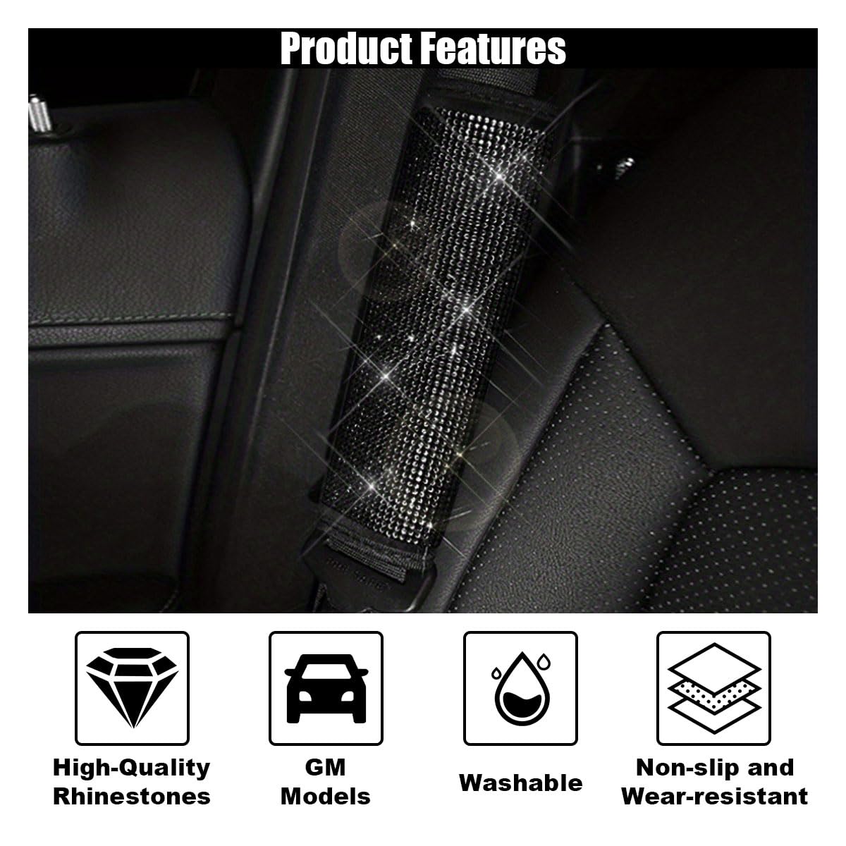 2PCS Rhinestone Car Seat Belt Shoulder Pads - Bling Crystal Diamond Seat Belt Covers for Women, Comfortable Car Seatbelt Strap Pads for SUV & Sedan - Perfect Car Interior Accessories for Daily Commute & Road Trips (Black Diamond)
