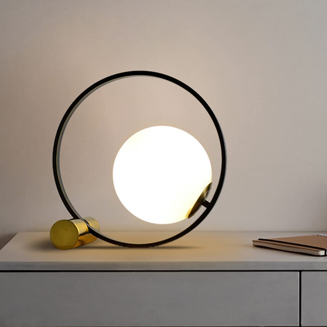 Gold Mid Century Modern Glass Table Lamp - Handblown Glass Orb Shade, Plug-in Nightstand & Desk Lamp for Bedroom, Office, Library - Perfect for Reading, Working & Home Decor