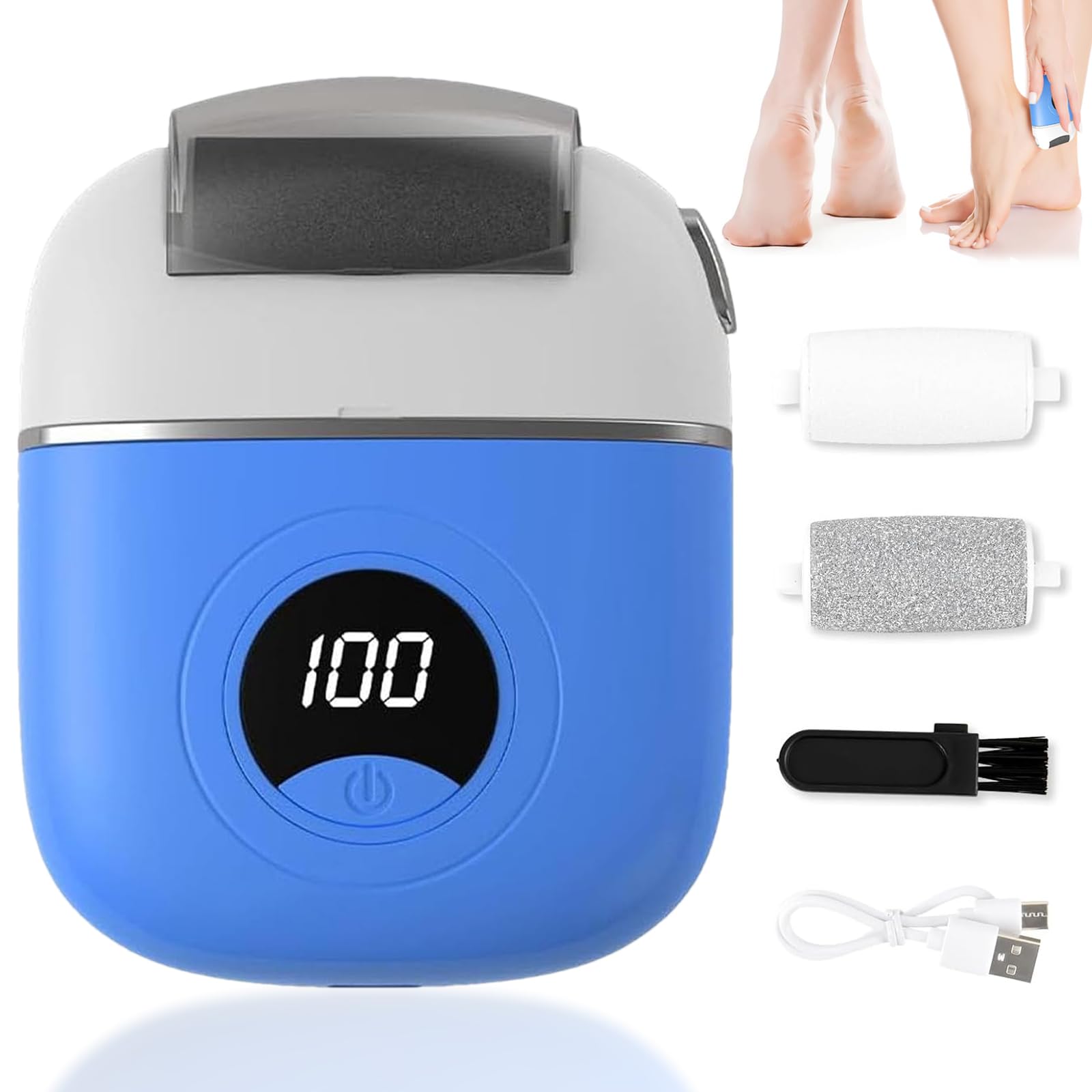 Electric Callus Remover for Feet - Rechargeable Waterproof Foot File with 3 Grinding Heads & 2 Speeds - Professional Pedicure Tool for Dry Cracked Heels & Dead Skin Removal - Perfect for Home Spa, Salon Use & Travel Foot Care (Blue)