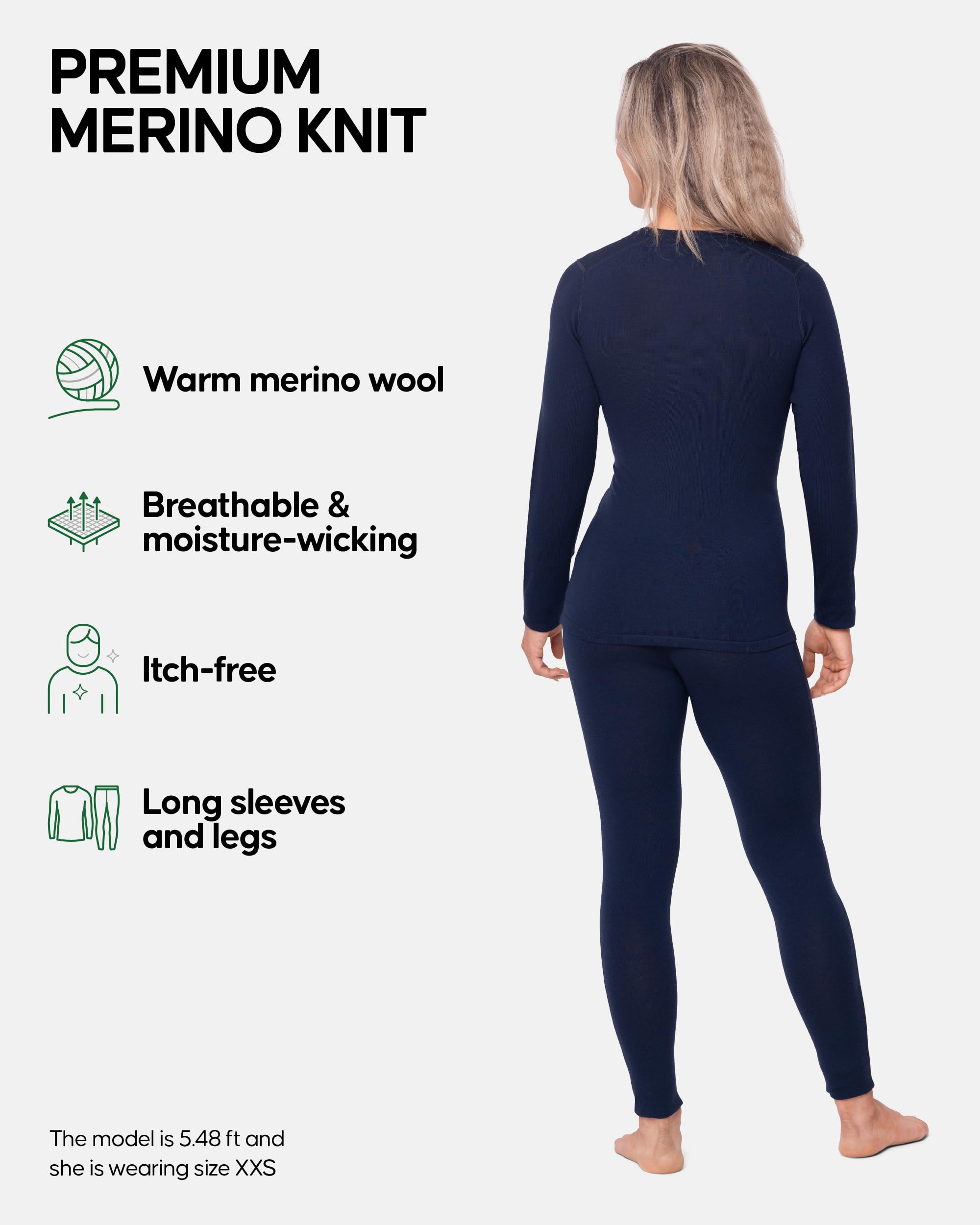 DANISH ENDURANCE Women's Merino Wool Base Layer Set - Thermal Underwear Top & Bottom for Cold Weather - Long Sleeve Shirt and Tights for Hiking, Skiing & Outdoor Activities