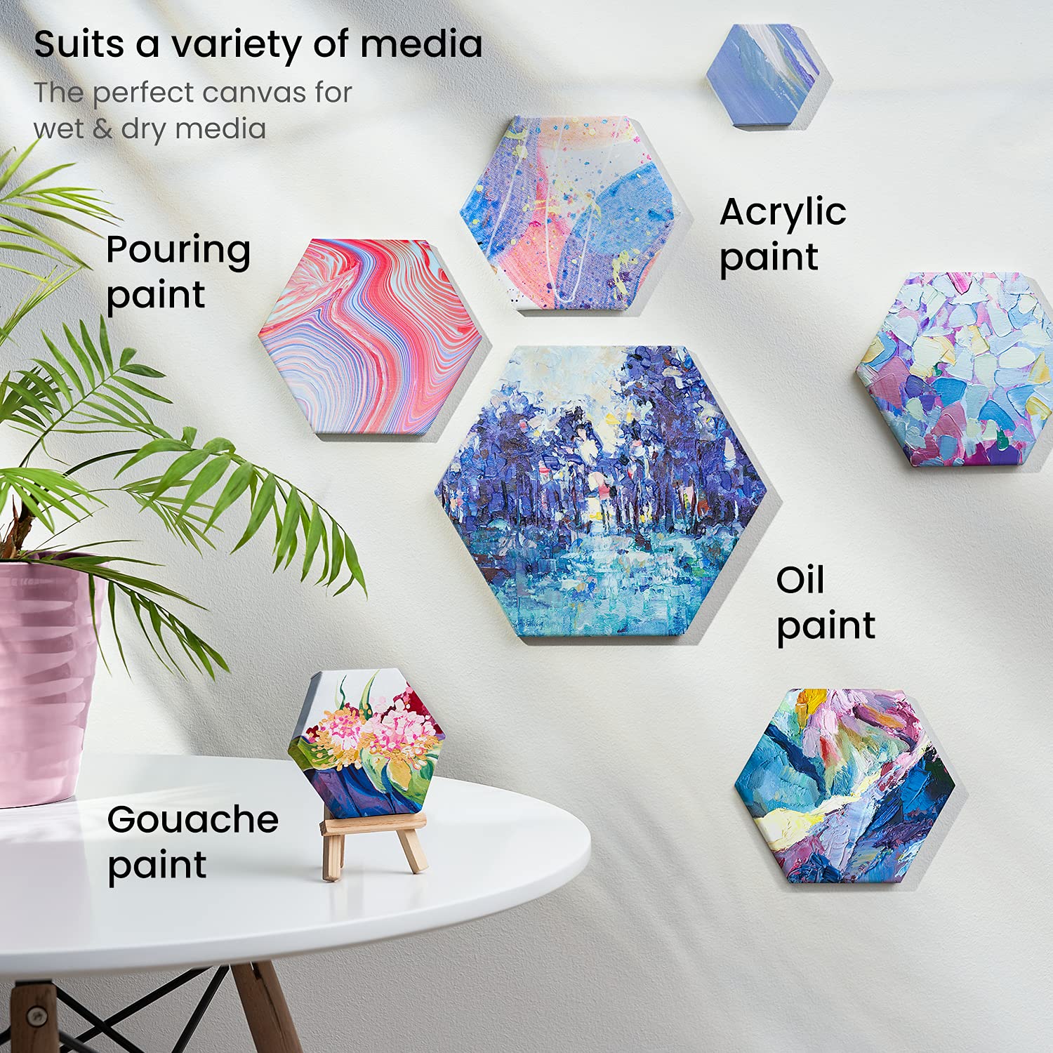 ARTEZA 6 Inch Hexagonal Stretched Canvas - Pack of 9 White Blank Artist Panels for Acrylic, Oil & Gouache Painting - Perfect for Studio Art, Home Decor & DIY Craft Projects