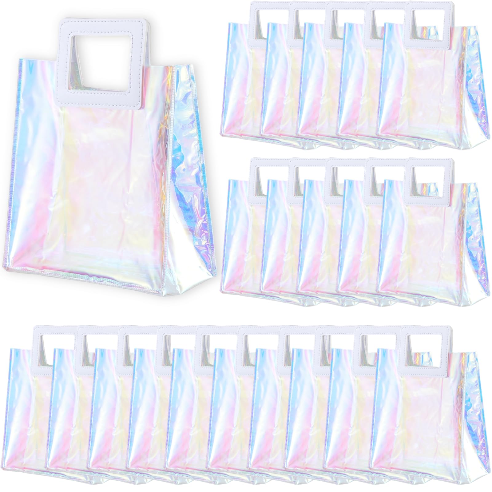 20 Pcs Holographic Tote Bags - 7''x4''x8'' Clear PVC Reusable Bags with Handles, Iridescent Gift Bags for Women & Girls, Perfect for Wedding, Party, Shopping & Everyday Use